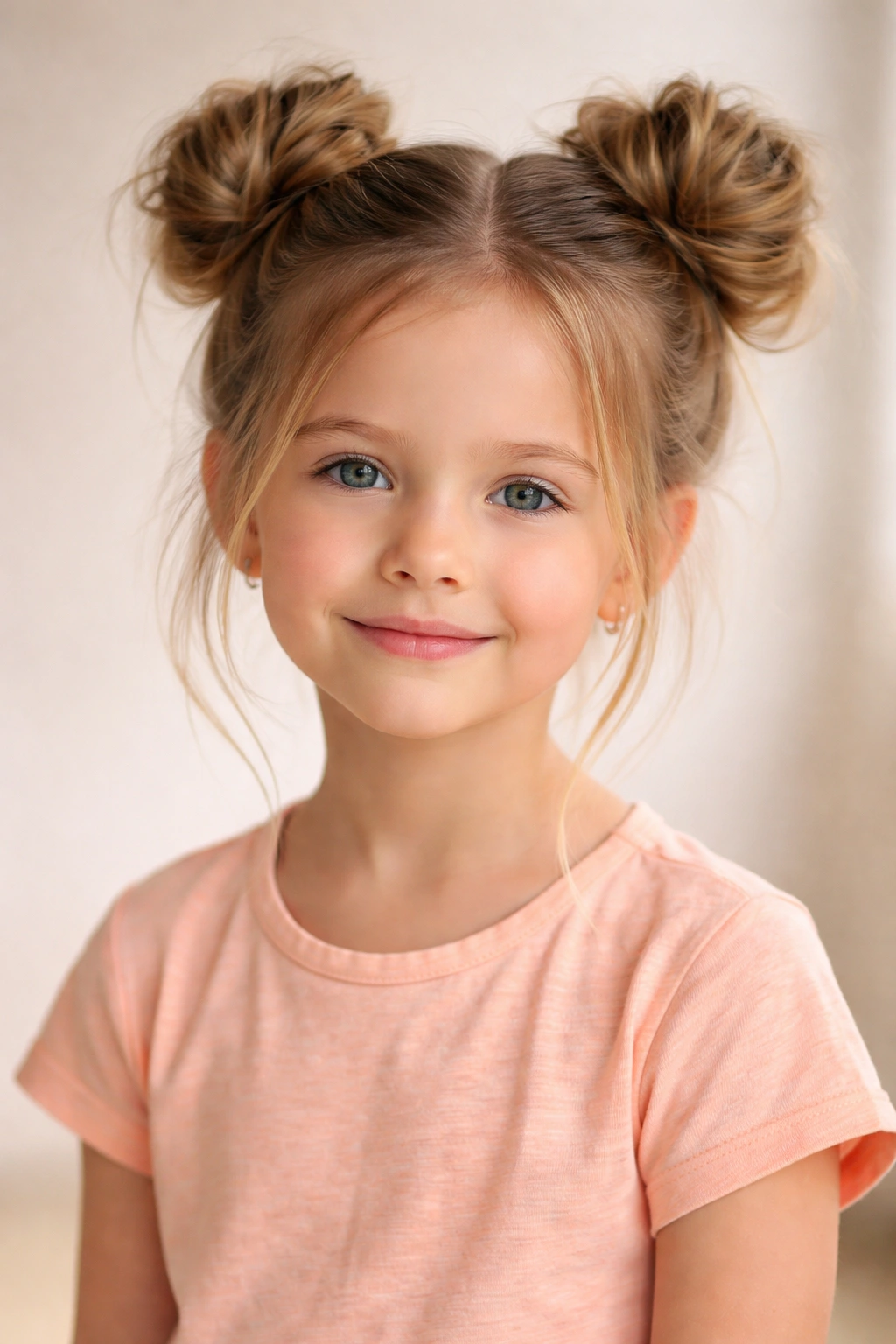 Two small symmetrical buns on a child's head