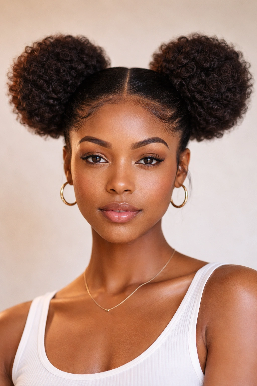 Front view of two symmetrical buns on the sides of the head, playful and balanced.