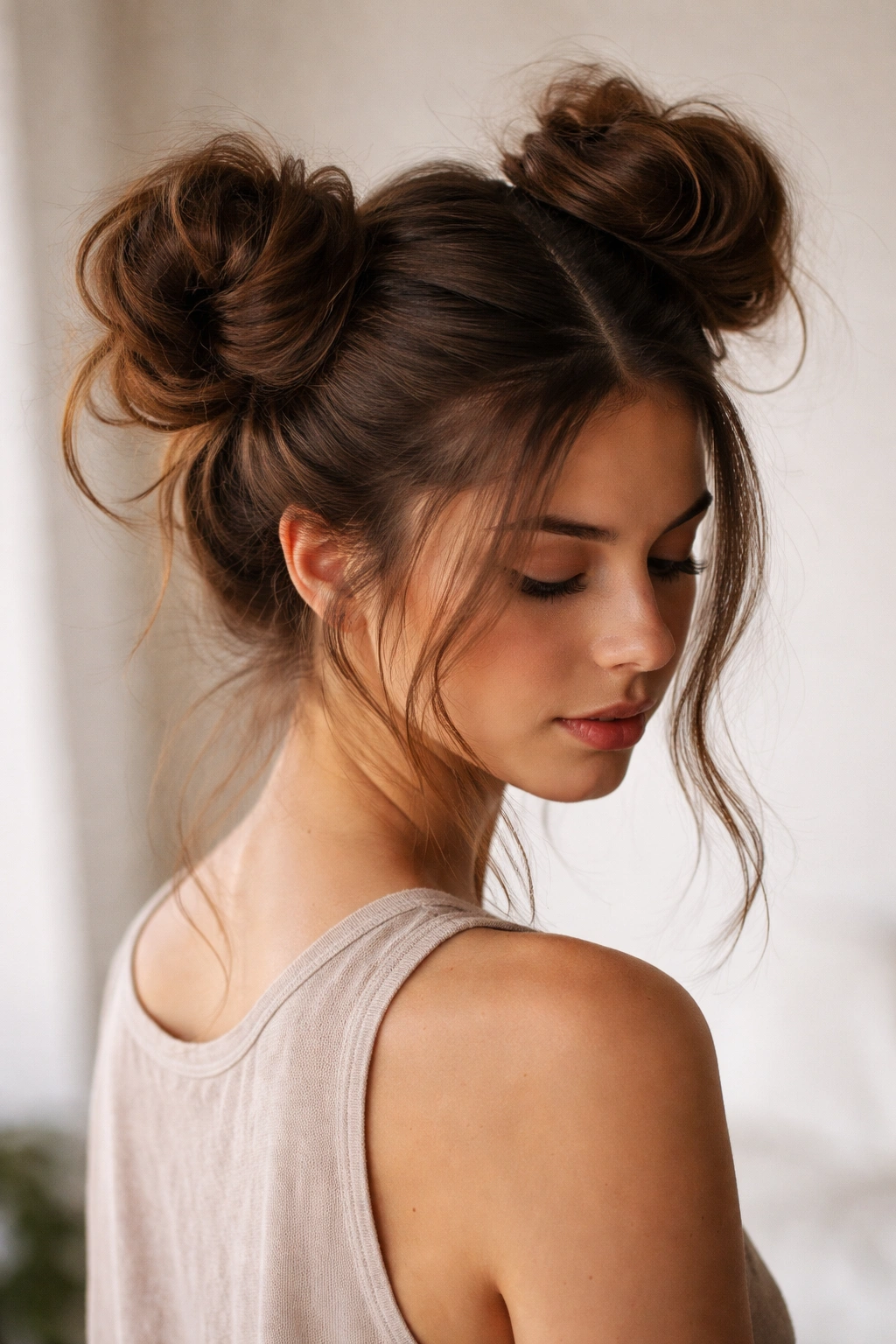 Close-up of two symmetrical buns along the back of the head with a center part