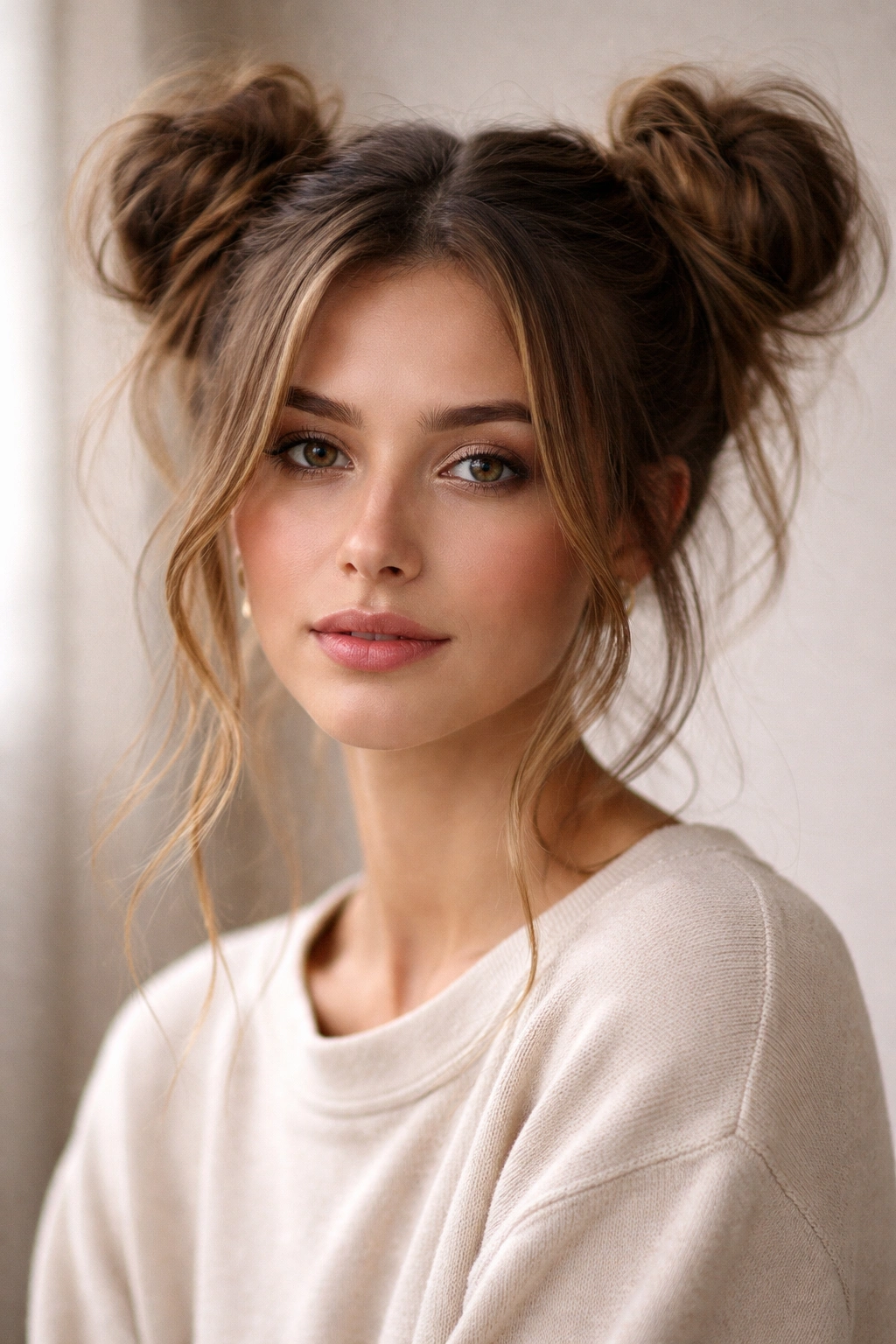 Two loose buns on either side with tendrils framing the face