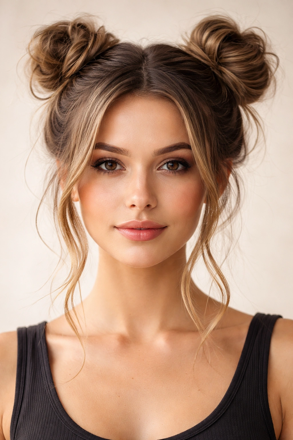Two symmetrical small messy buns on each side of the head with loose strands