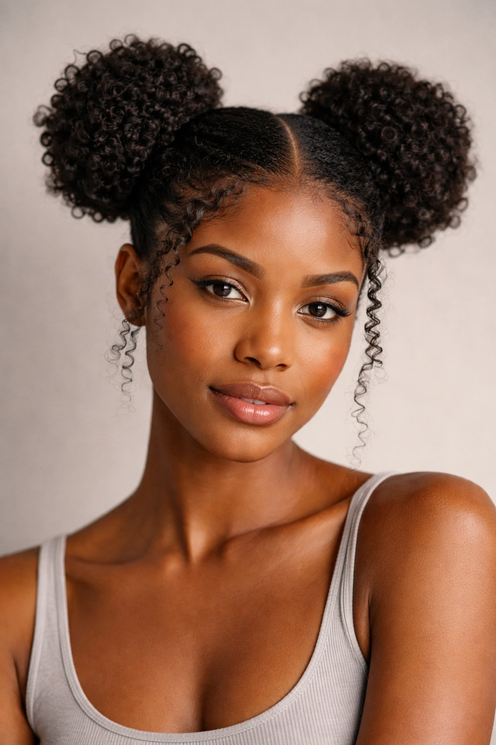 Close-up of two symmetrical buns on a natural hair model with center part