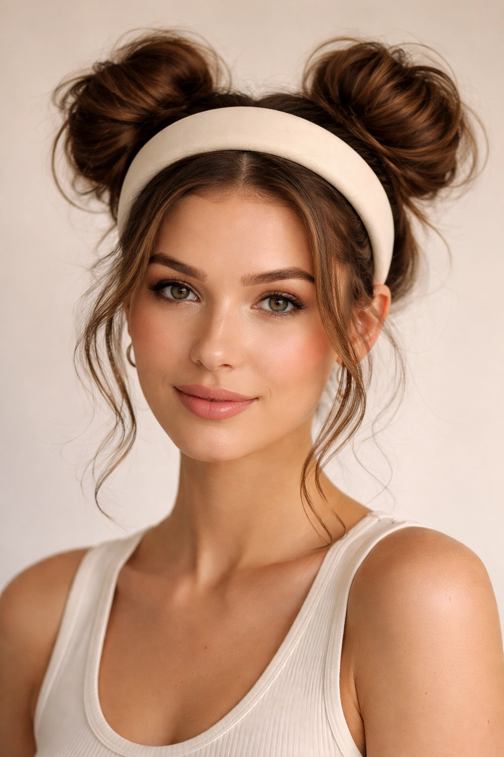 Two buns with a wide padded headband across the crown