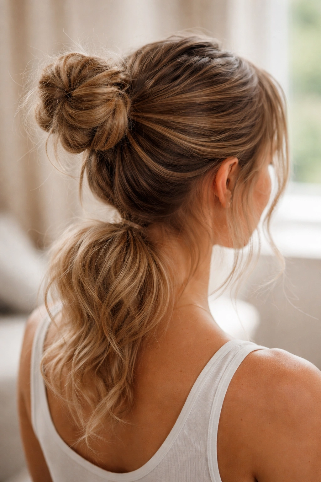Close-up of The Double Bun Ponytail Hybrid with two textured buns