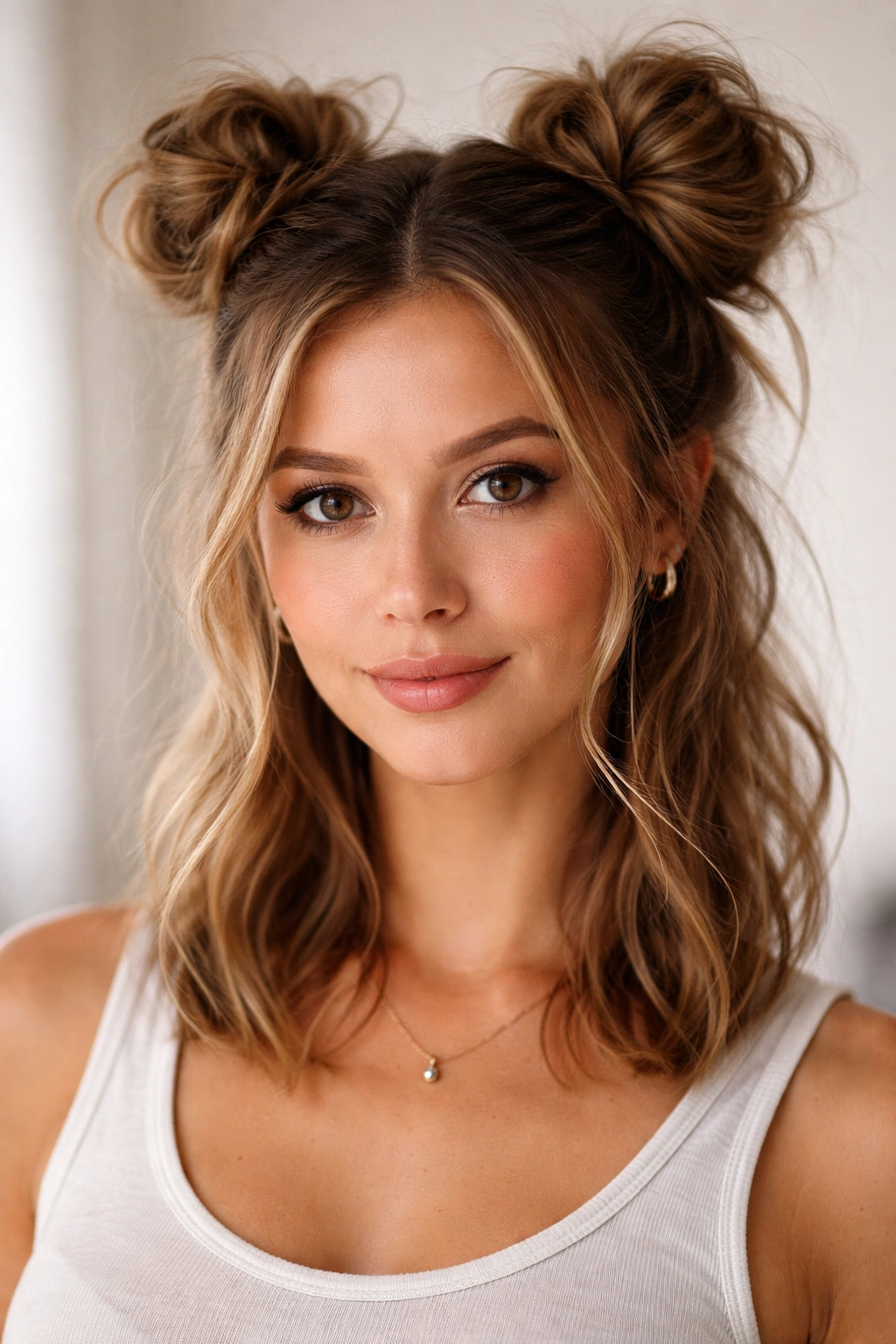 Close-up of two small buns on each side of the head with shoulder-length hair and soft wisps.