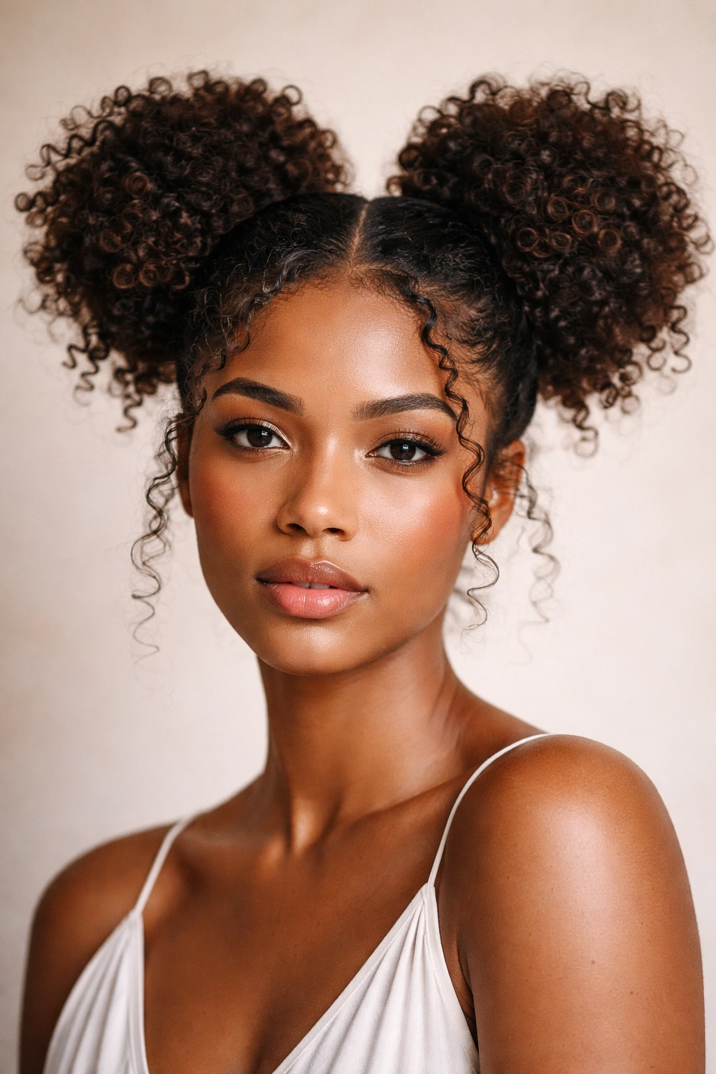 Two voluminous double buns with textured natural hair highlighting dimension