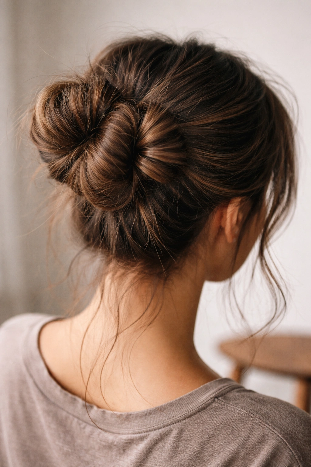 Single bun made from two twisted ponytails with loose strands
