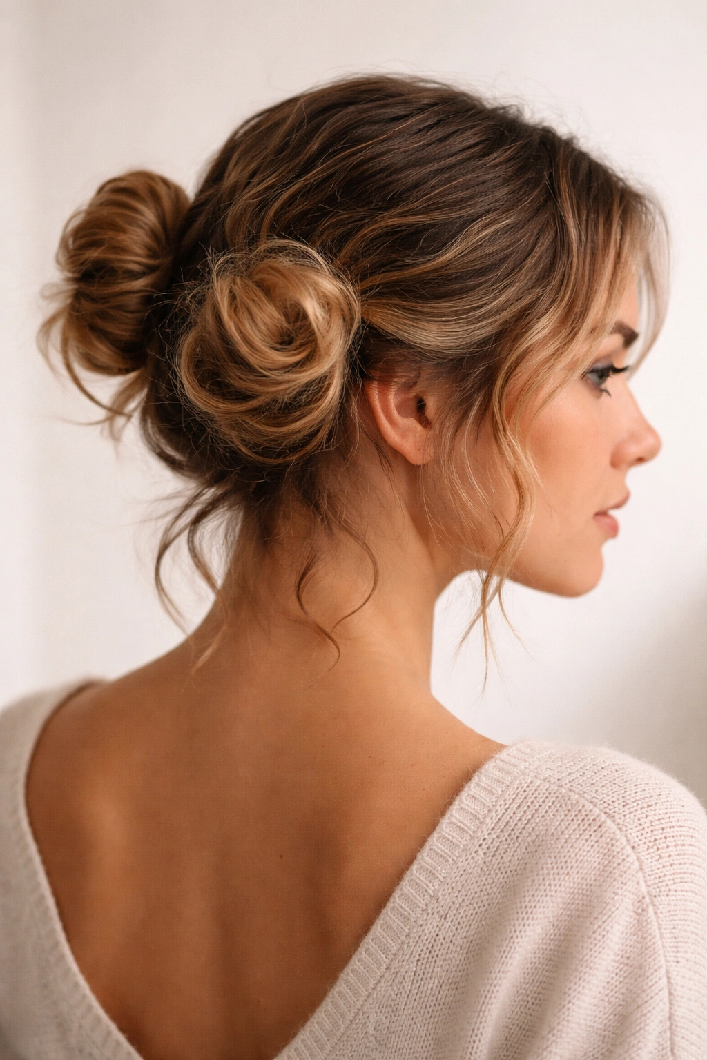 Two small buns at the sides of the head on short wavy hair