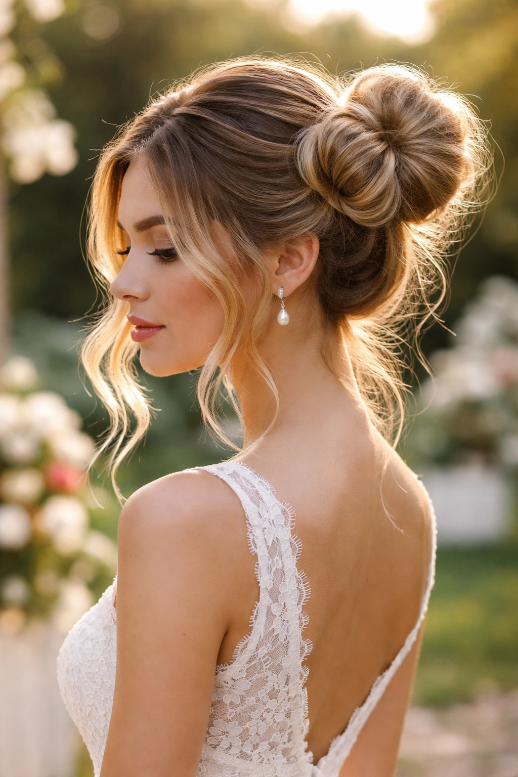 Double bun with waves in a modern bridal updo