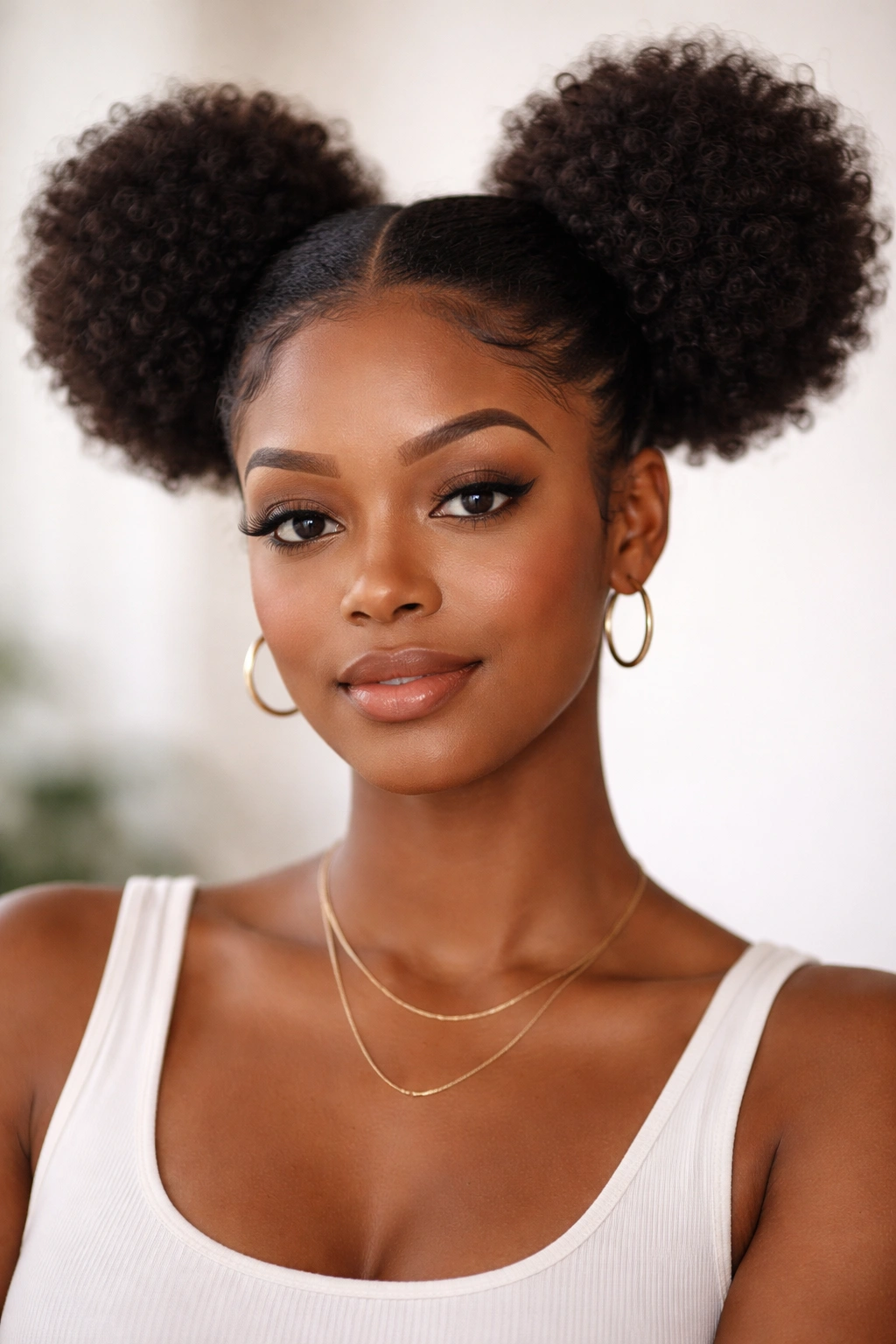 Front view of double buns framing the face with symmetry