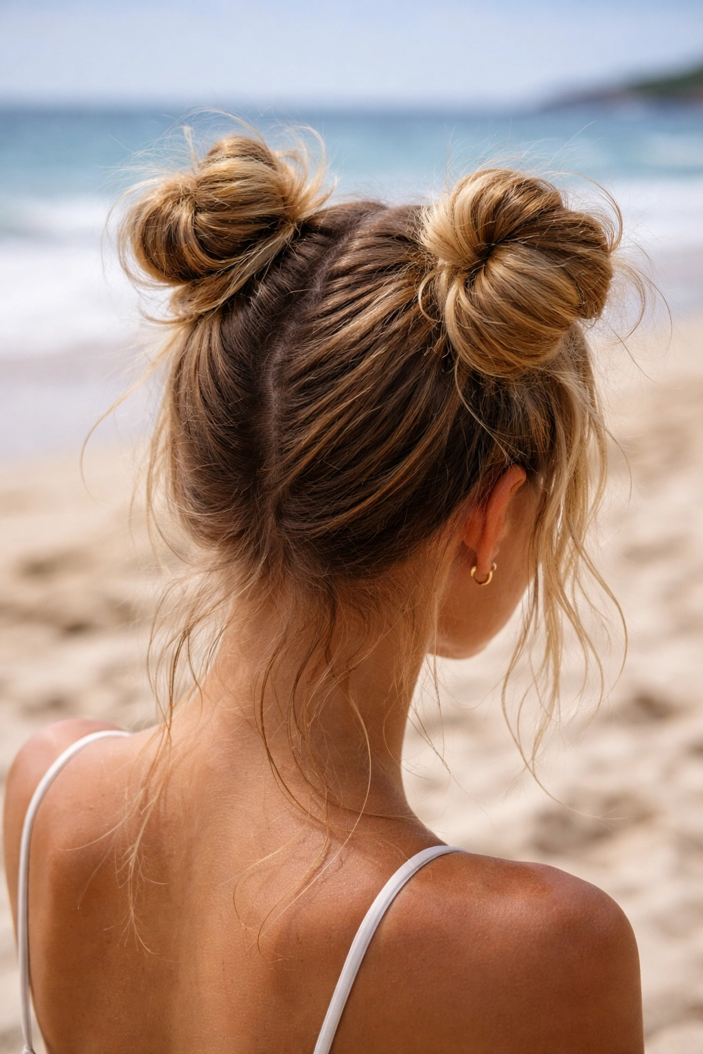Close-up of two small buns on each side of the head at the beach