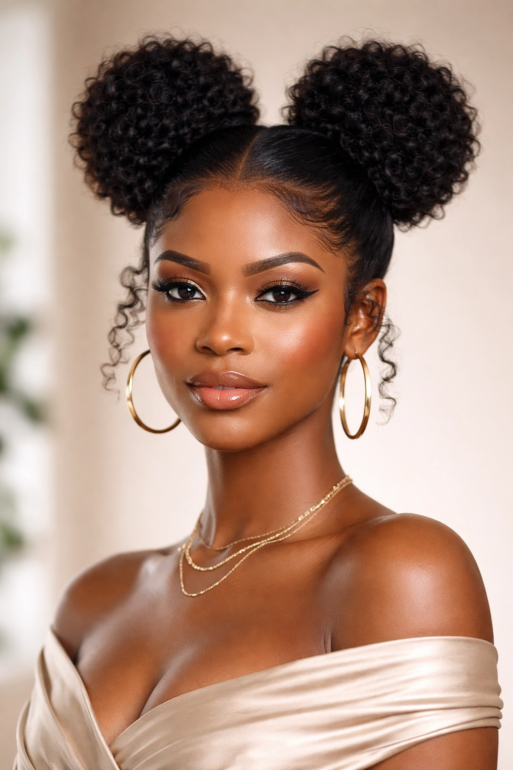 Front view of two high buns at the crown with curly hair framing the style