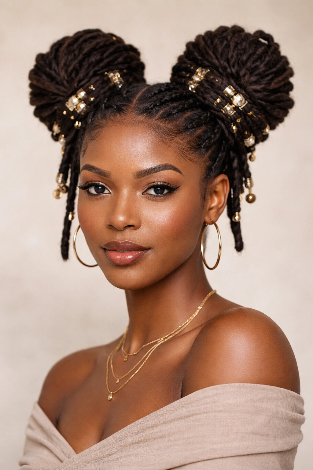 Model with thick locs styled into two high buns, each with metallic cuffs