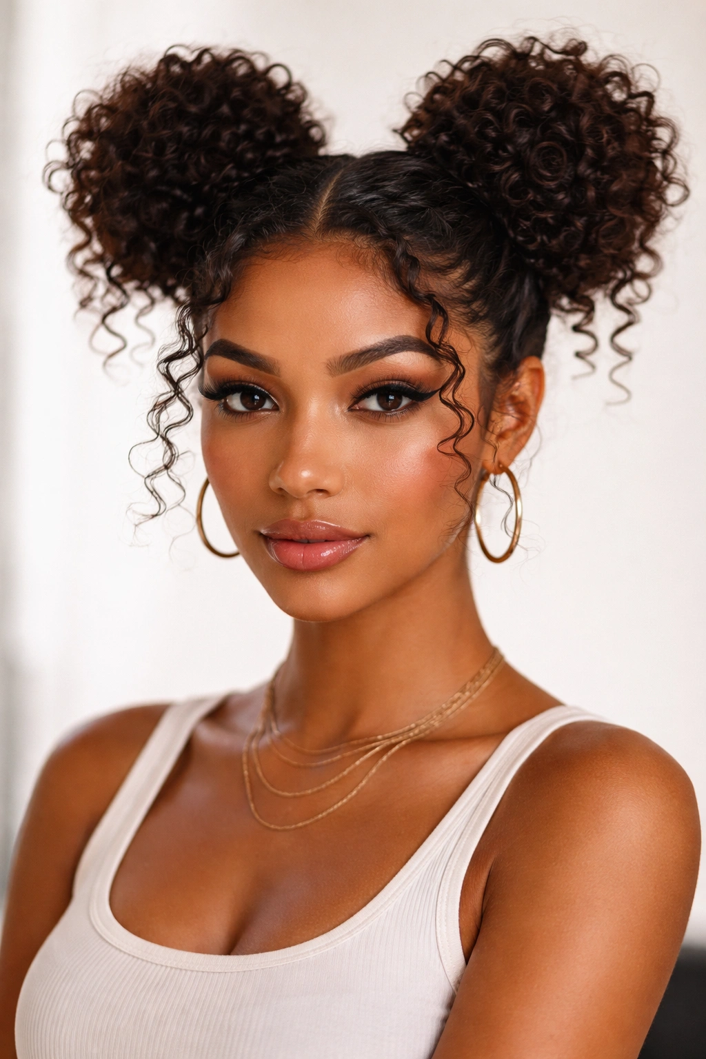 Two high curly buns on top of head with textured curls