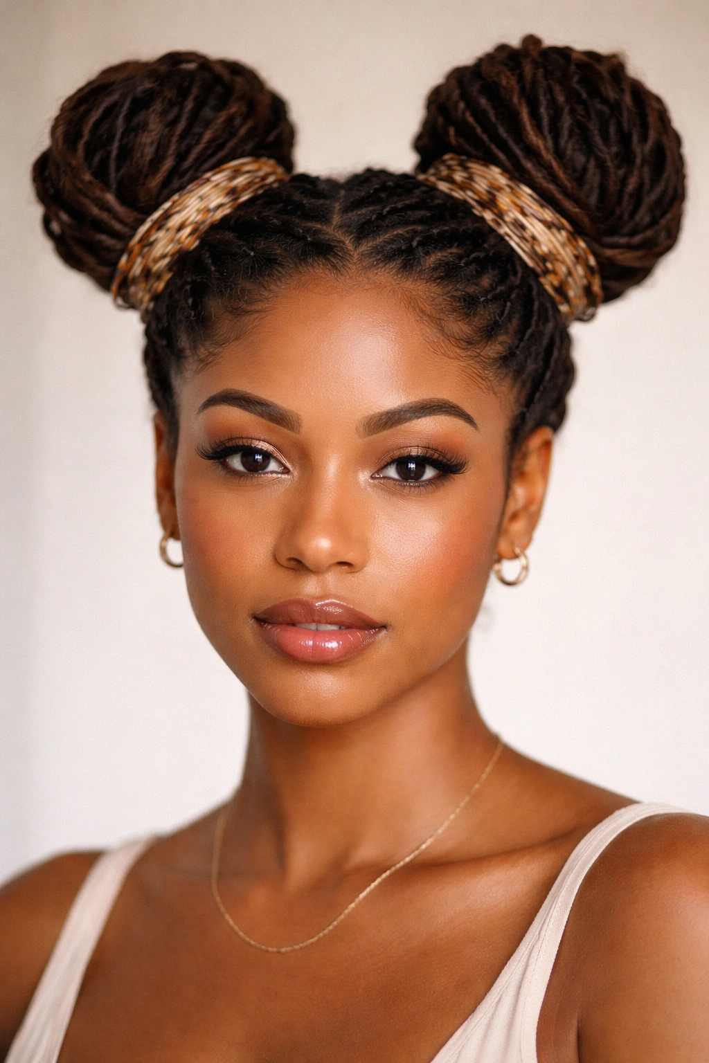 Two high buns with wrapped bases on locs