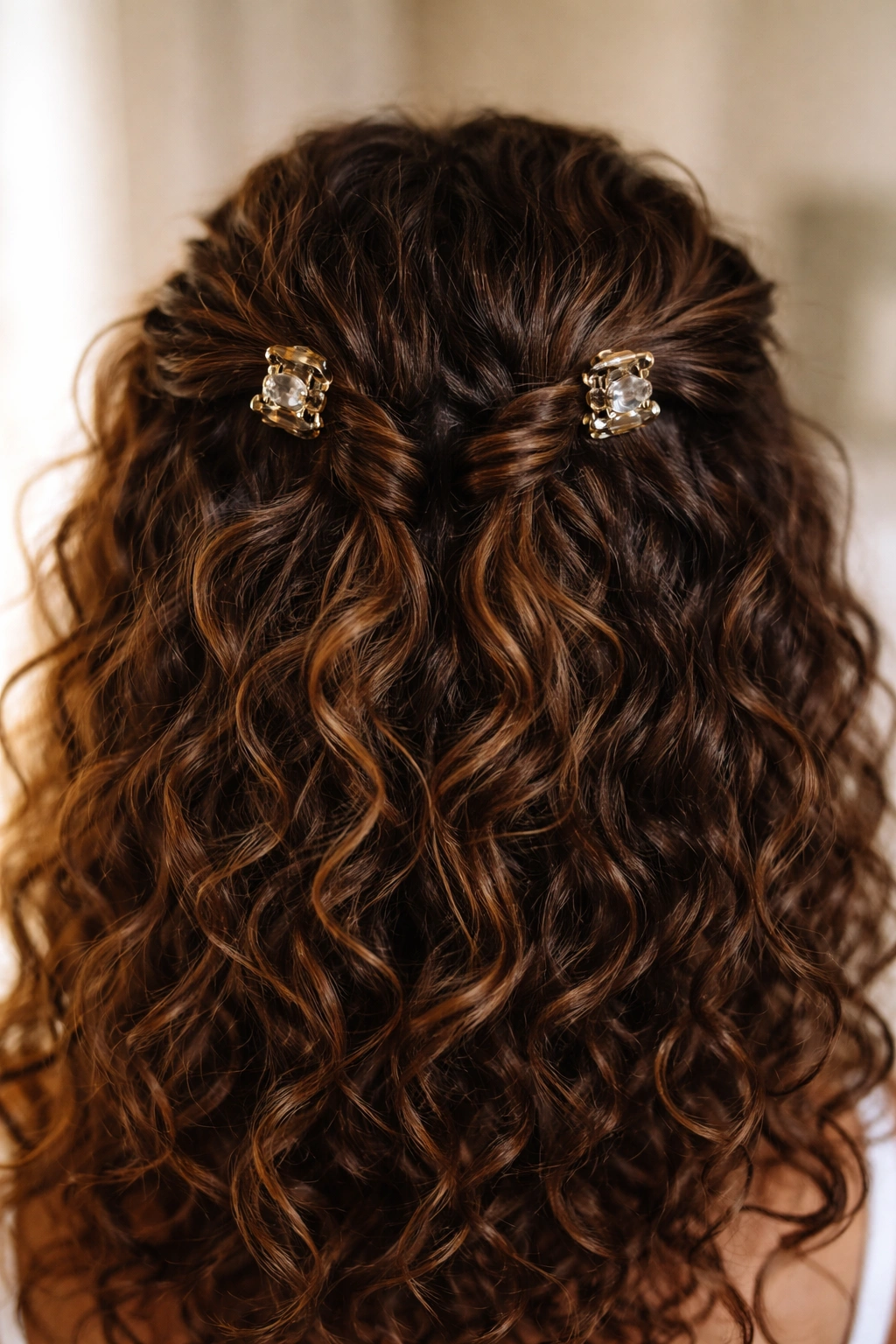 Symmetrical crown with two claw clips showing curl texture