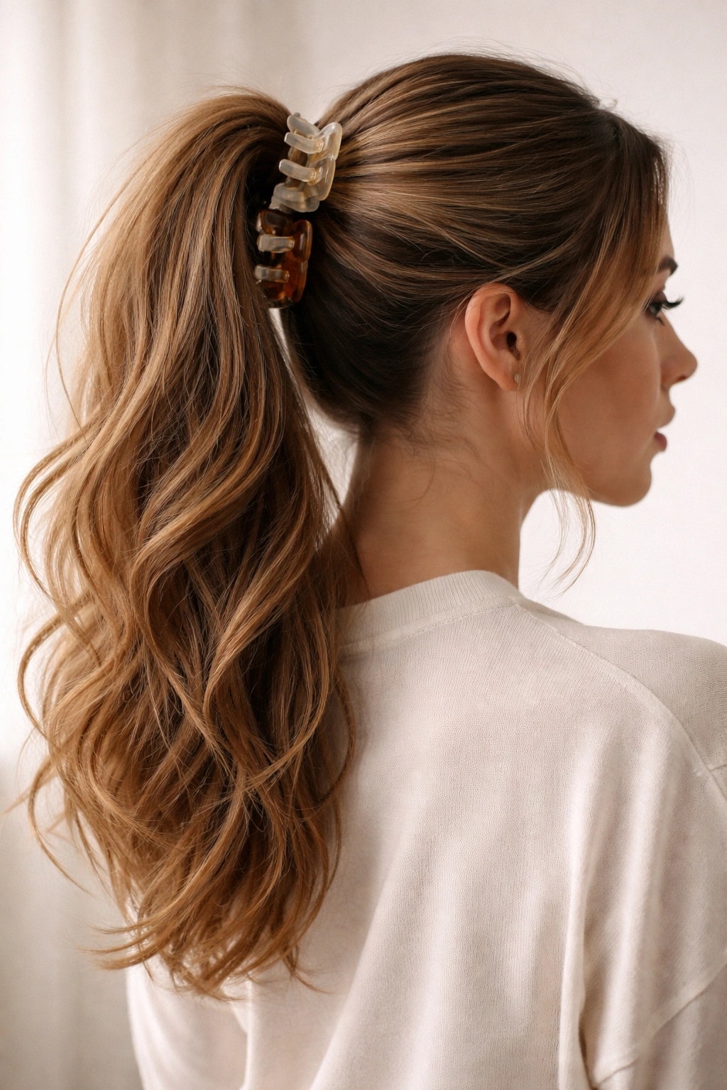 High ponytail secured by two overlapping claw clips at the base