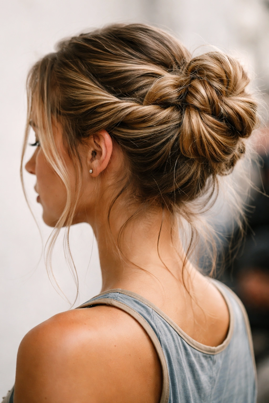 Interlocked double coil bun at crown with woven twist