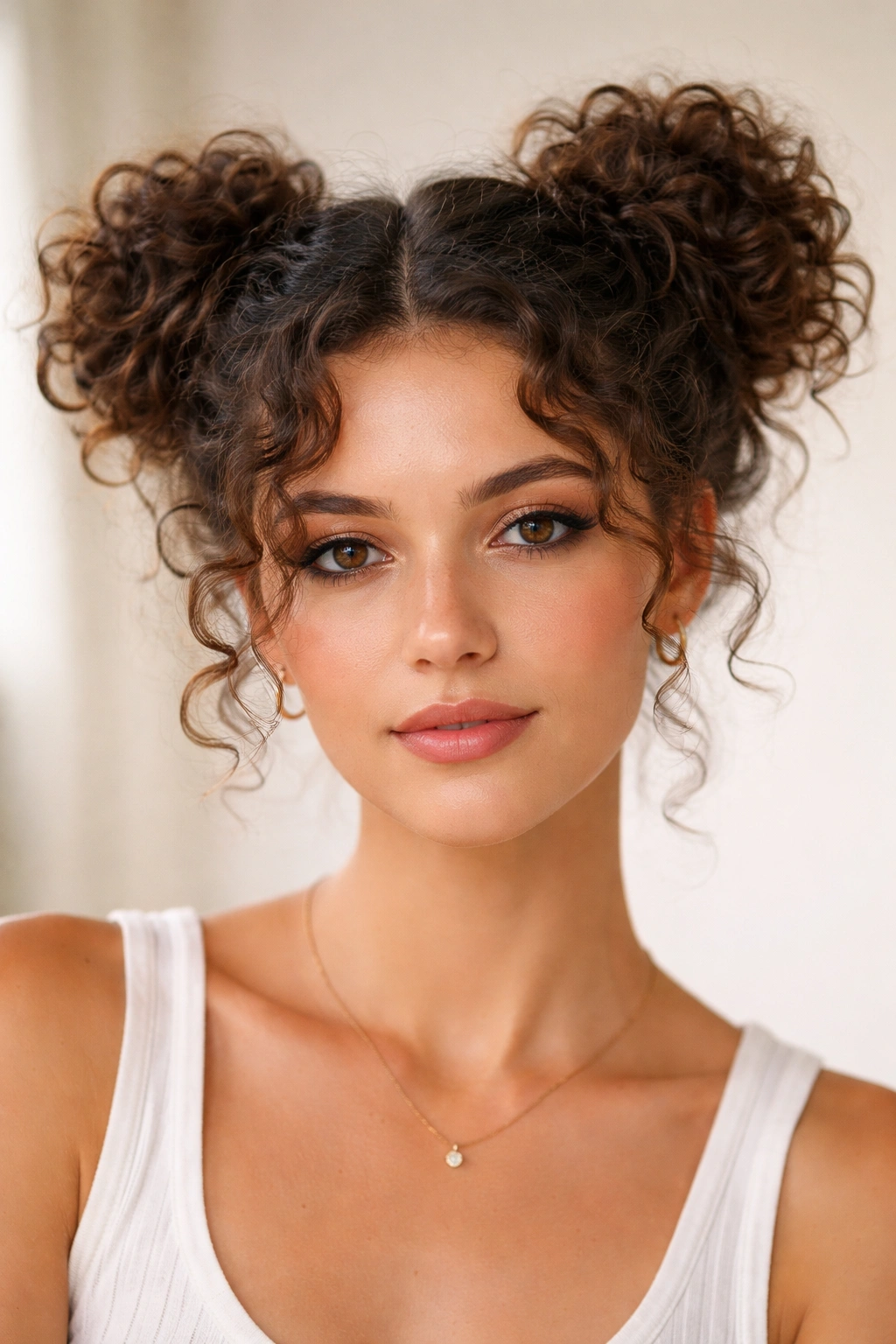 Front view of two buns created from short curly hair