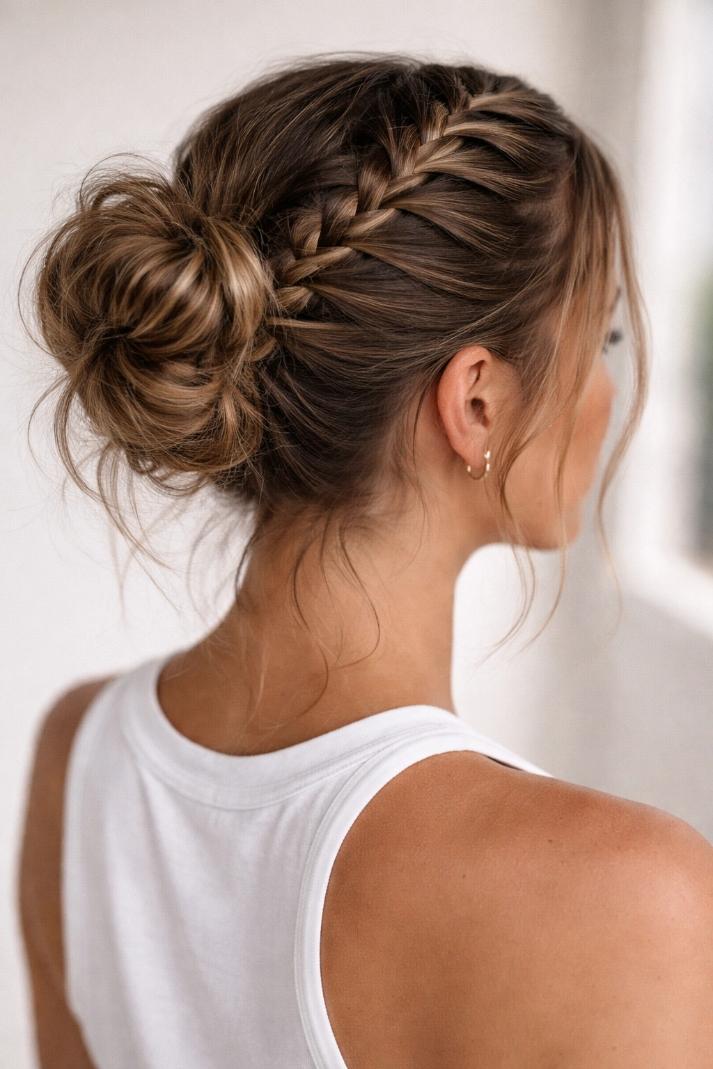 Two Dutch braids framing a bun at the back with textured hair