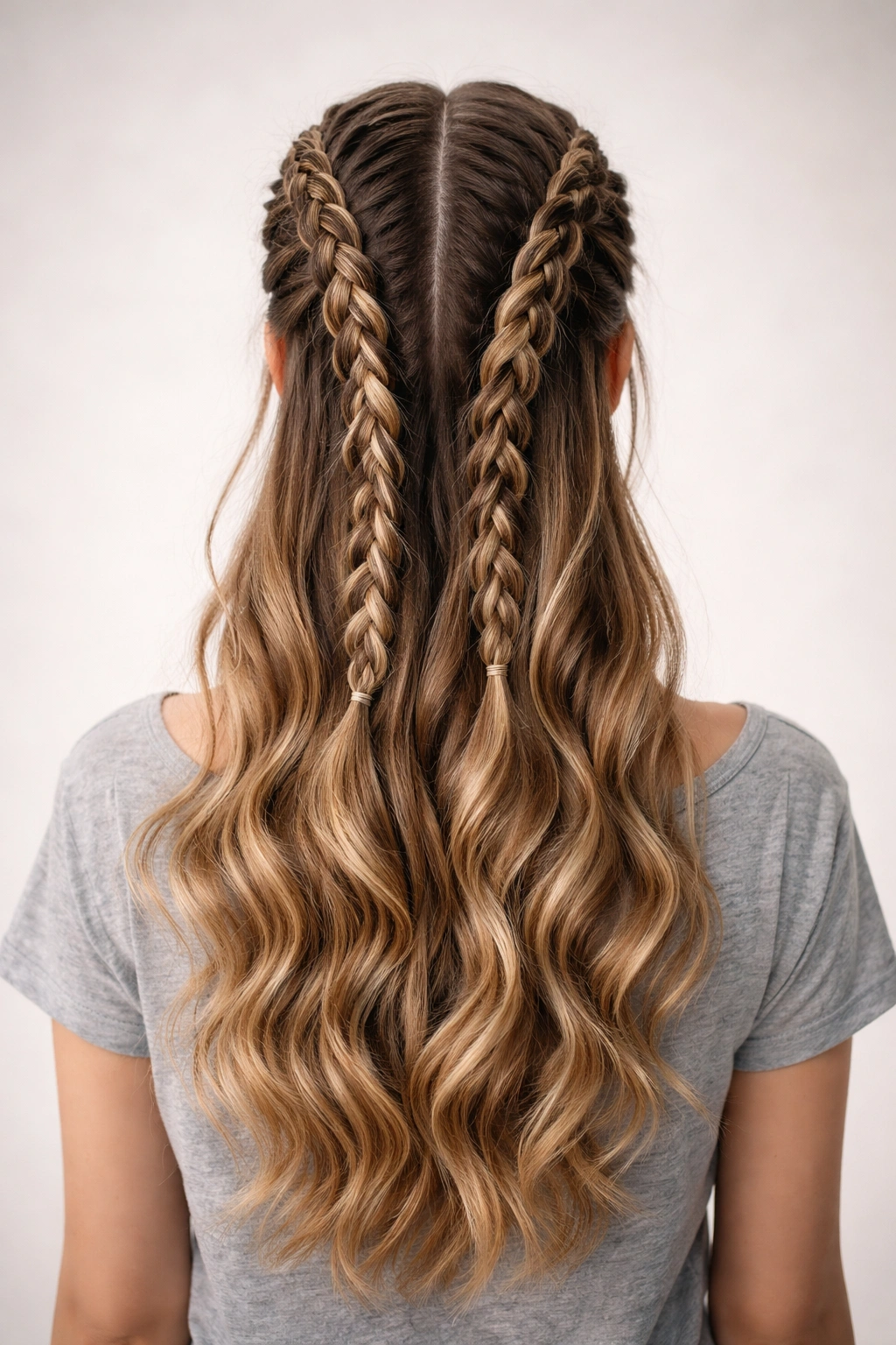 Back view of a student with two Dutch braids and waves