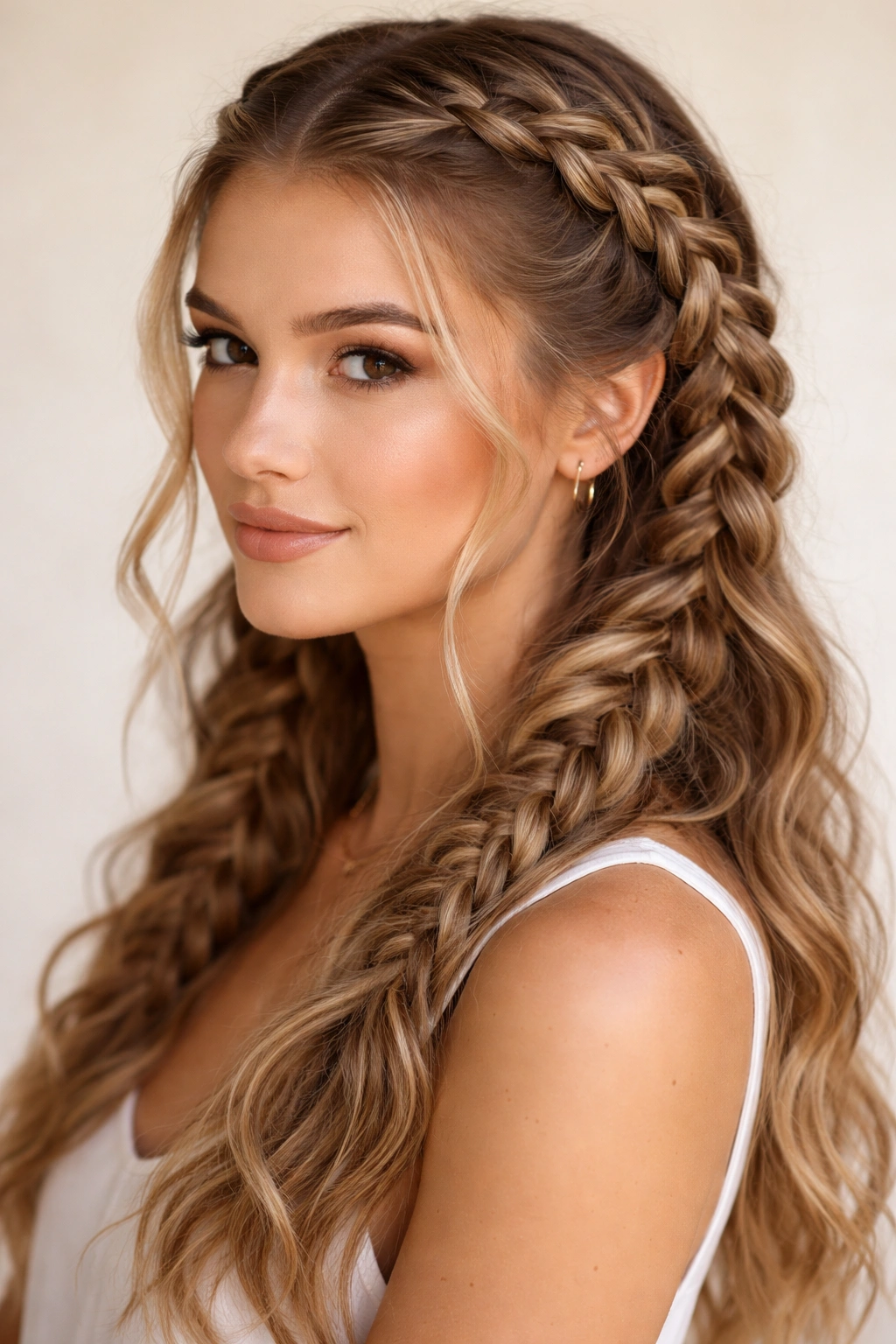 Two Dutch braids on either side with wavy hair