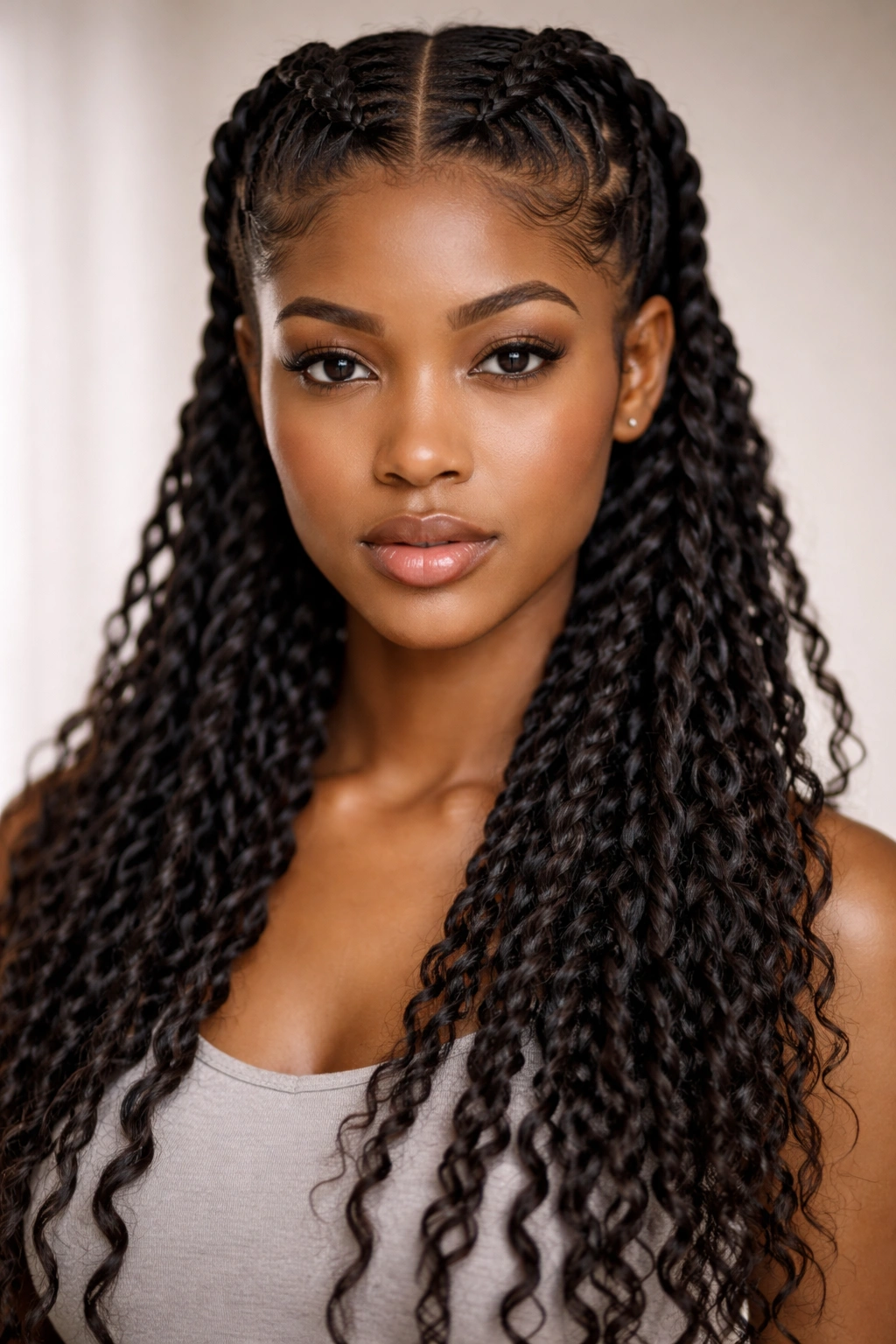 Two central Dutch braids with twists hanging below, front view