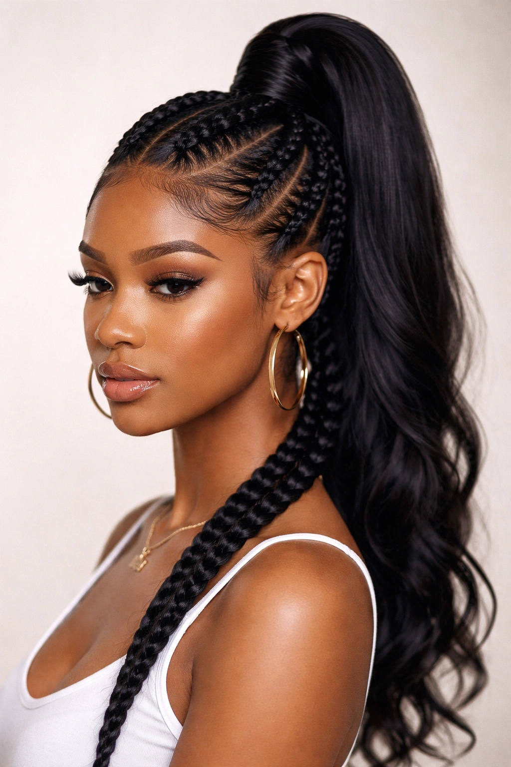 Symmetrical double feed-in braids framing the face into a high ponytail