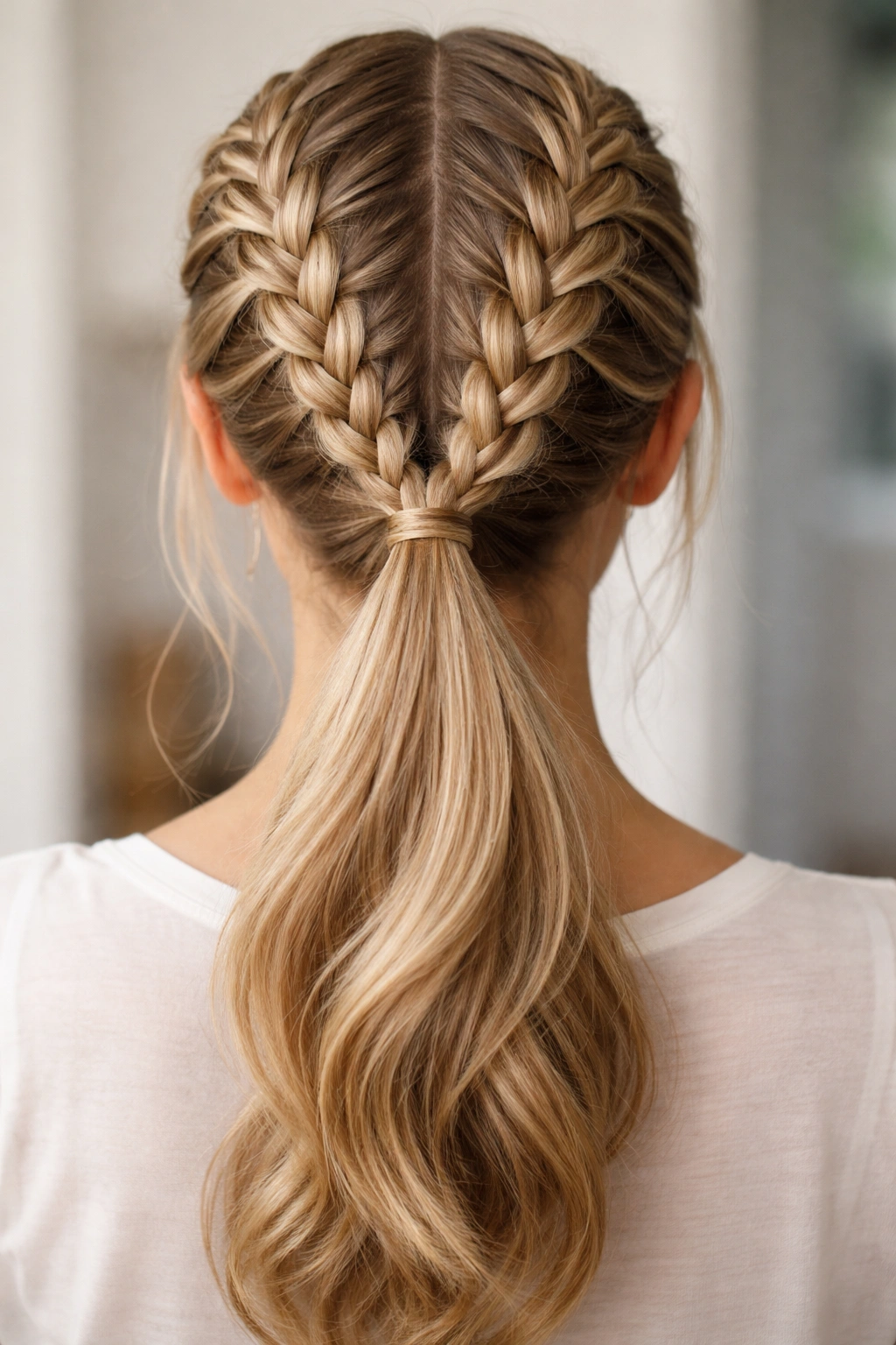 Two symmetrical French braids merging into a single ponytail