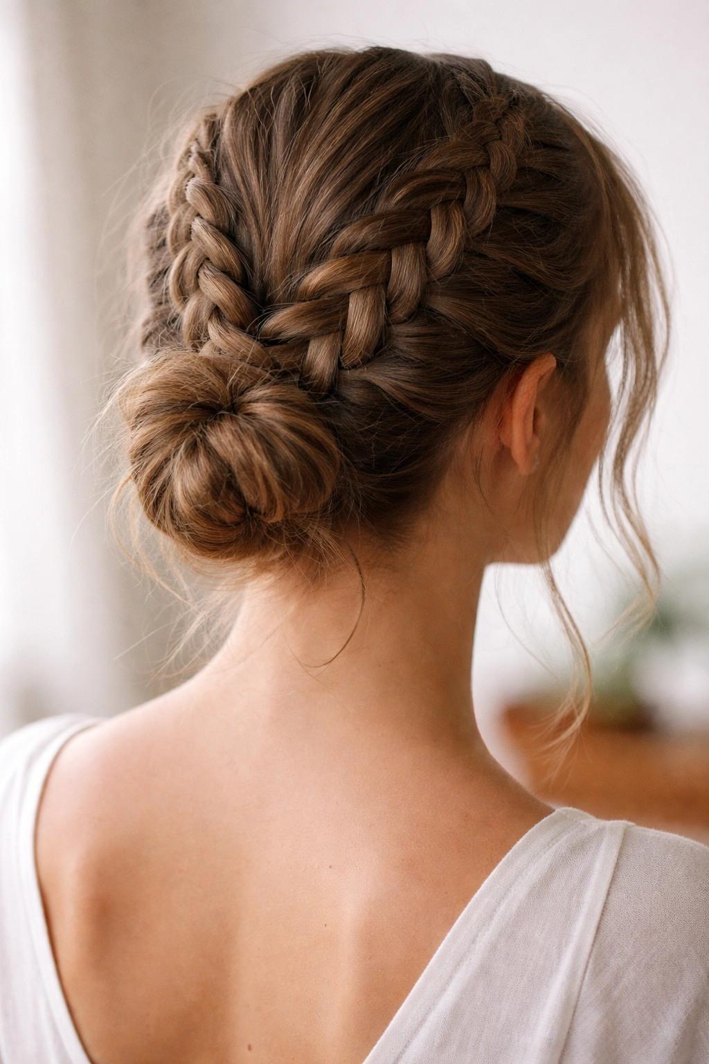Two symmetrical French braids meeting into a single low messy bun