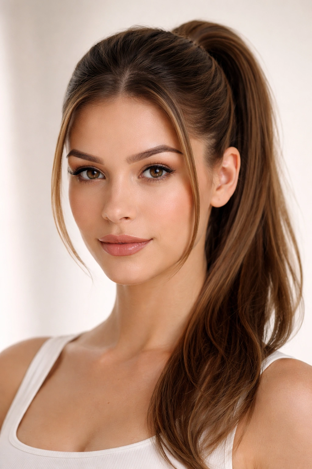 Close-up of double front sections split and gathered into a back ponytail framing the face