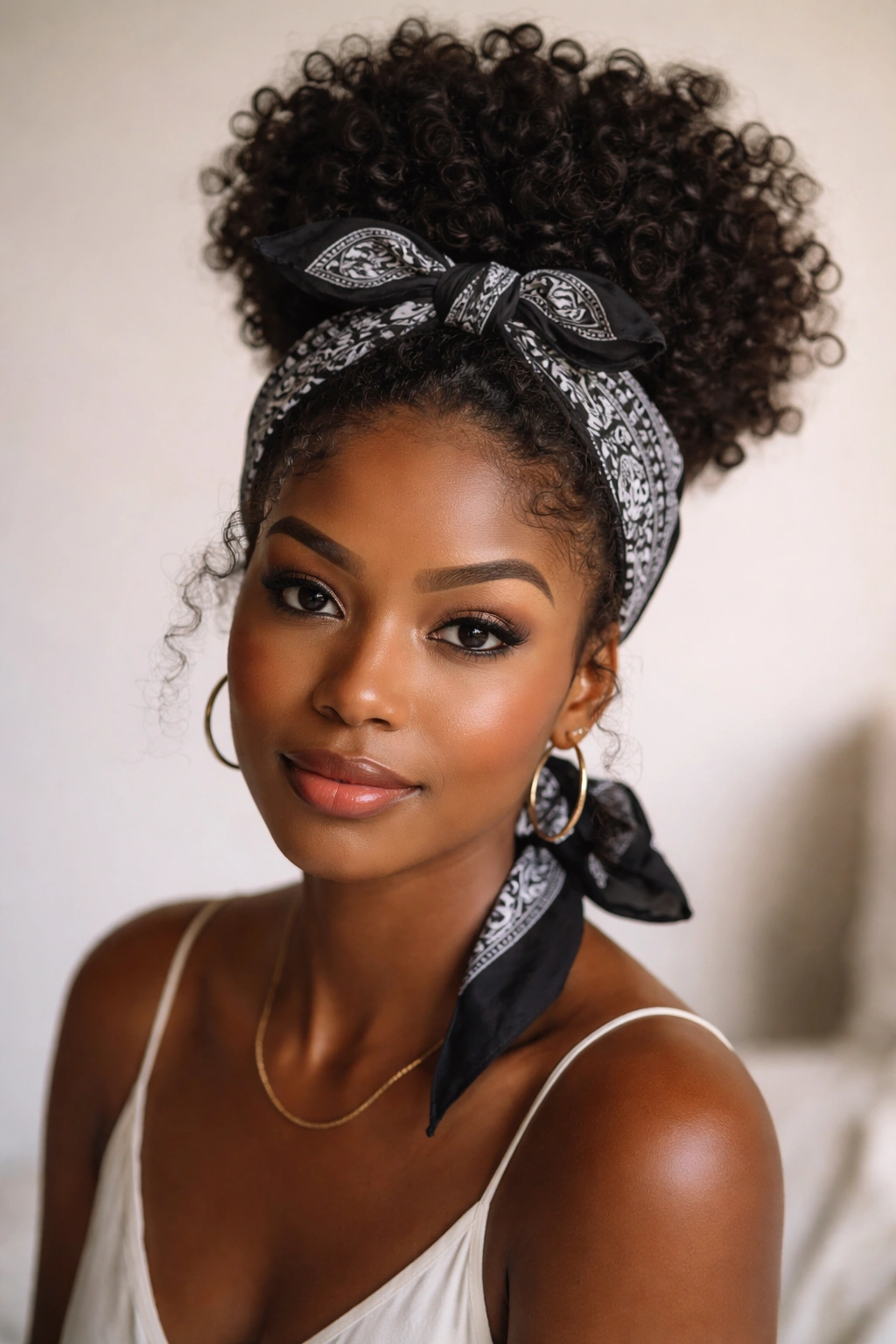 Double knot bandana updo with thick curls secured in two knots