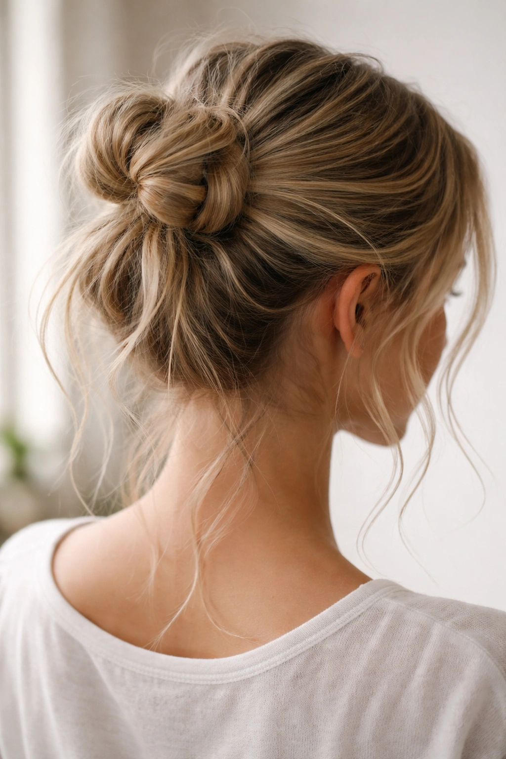 Double-knot messy bun with two knots and loose strands