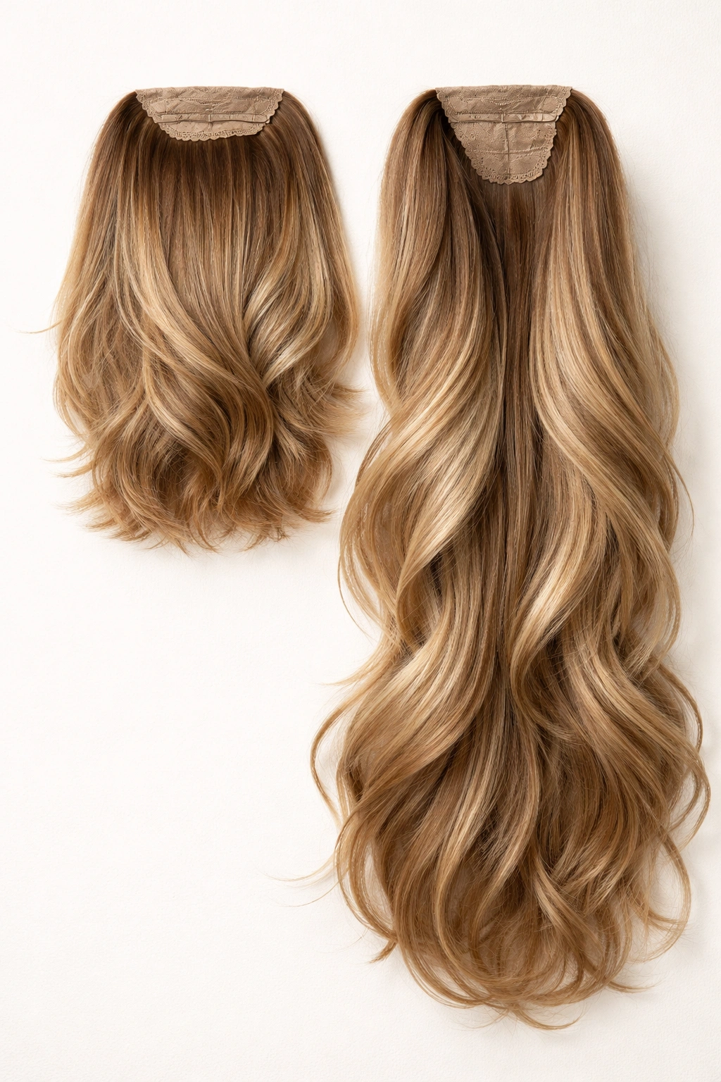 Two layered ponytail extensions showing top and bottom layers for depth