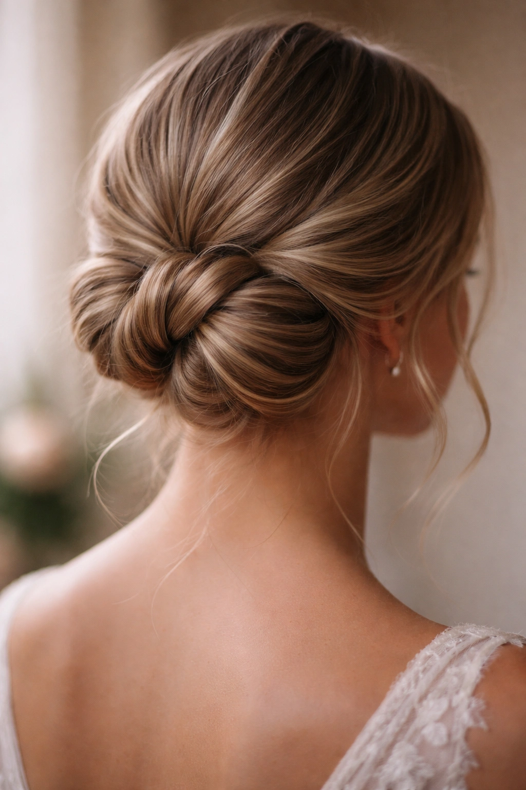 Twisted double-loop low bun at the nape