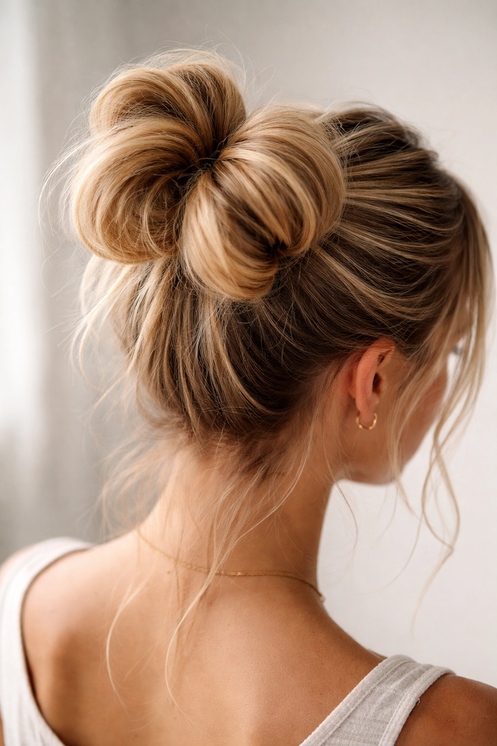 High ponytail with two loops forming a double-looped bun