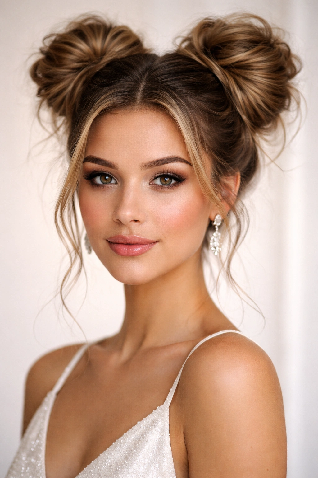 Two equal-sized messy buns on opposite sides of the head with textured hair.