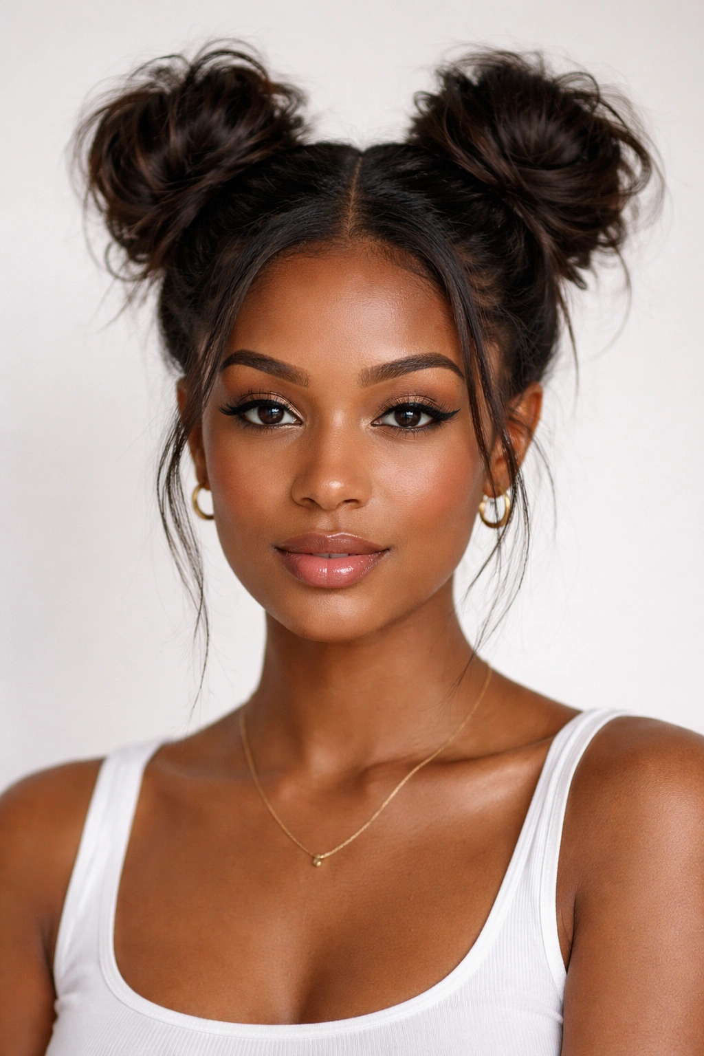 Frontal view of two symmetrical messy buns with center part