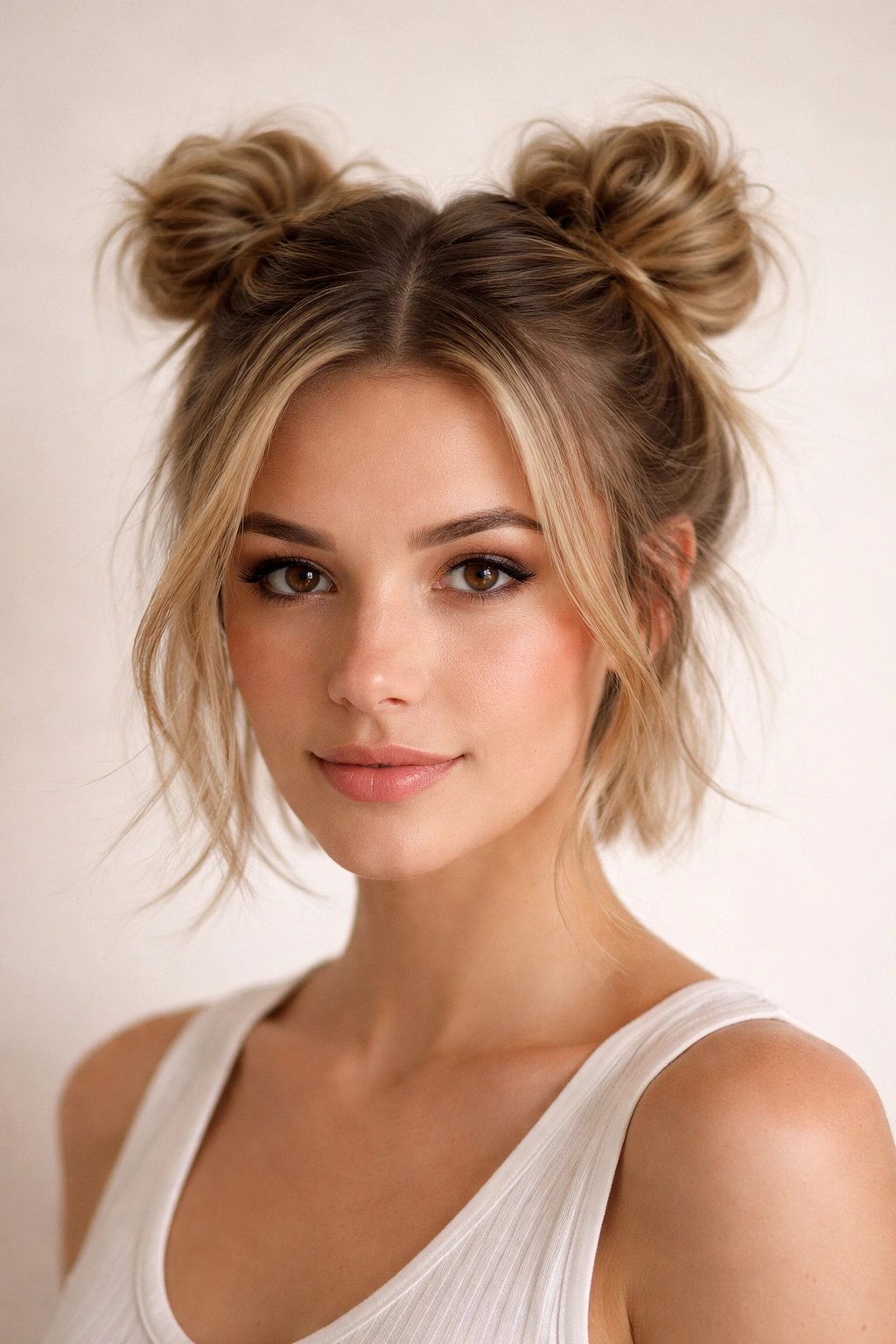 Two tiny buns on opposite sides of the crown of short hair
