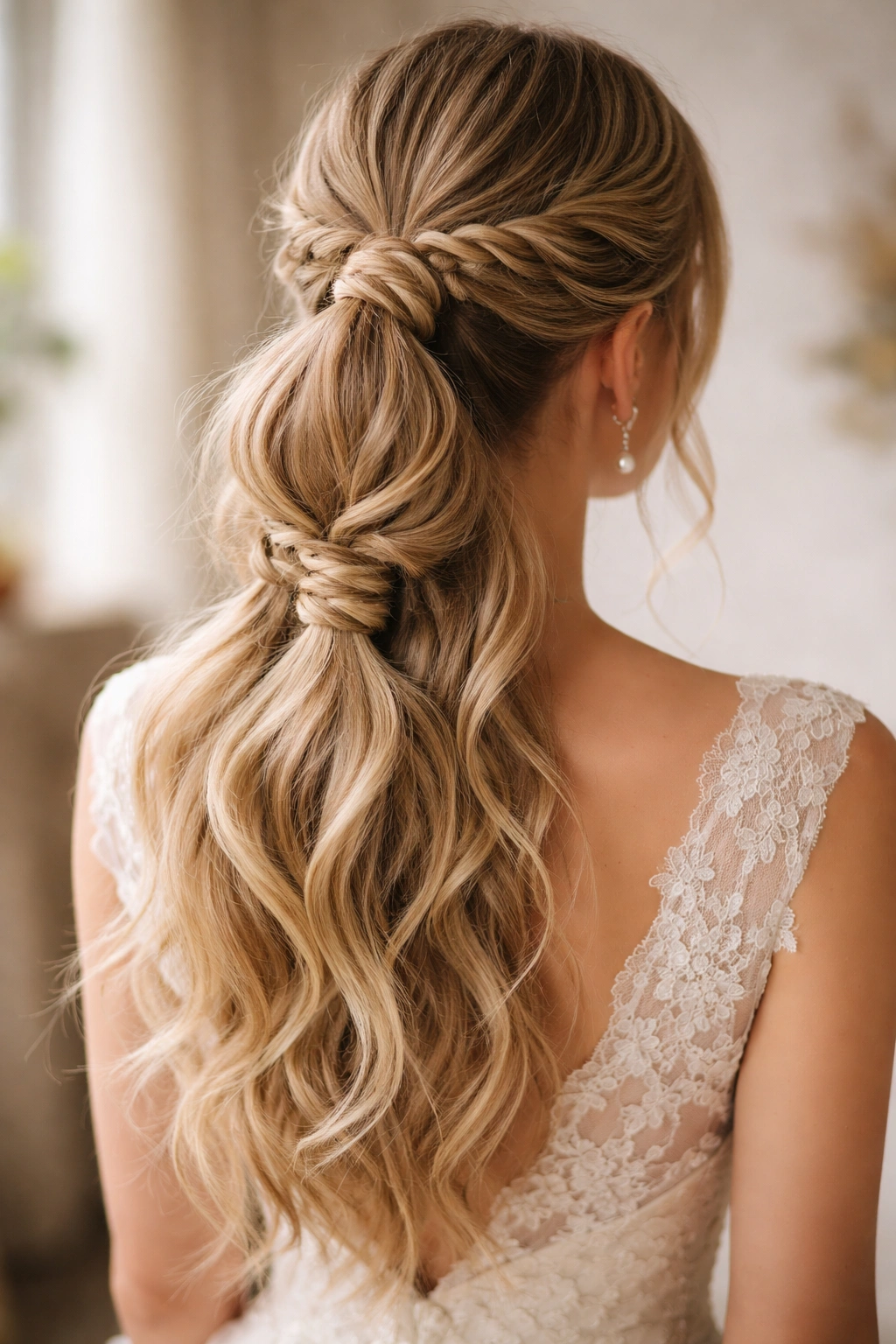 Back view of two stacked ponytails with braided connections, bohemian bridal hairstyle.