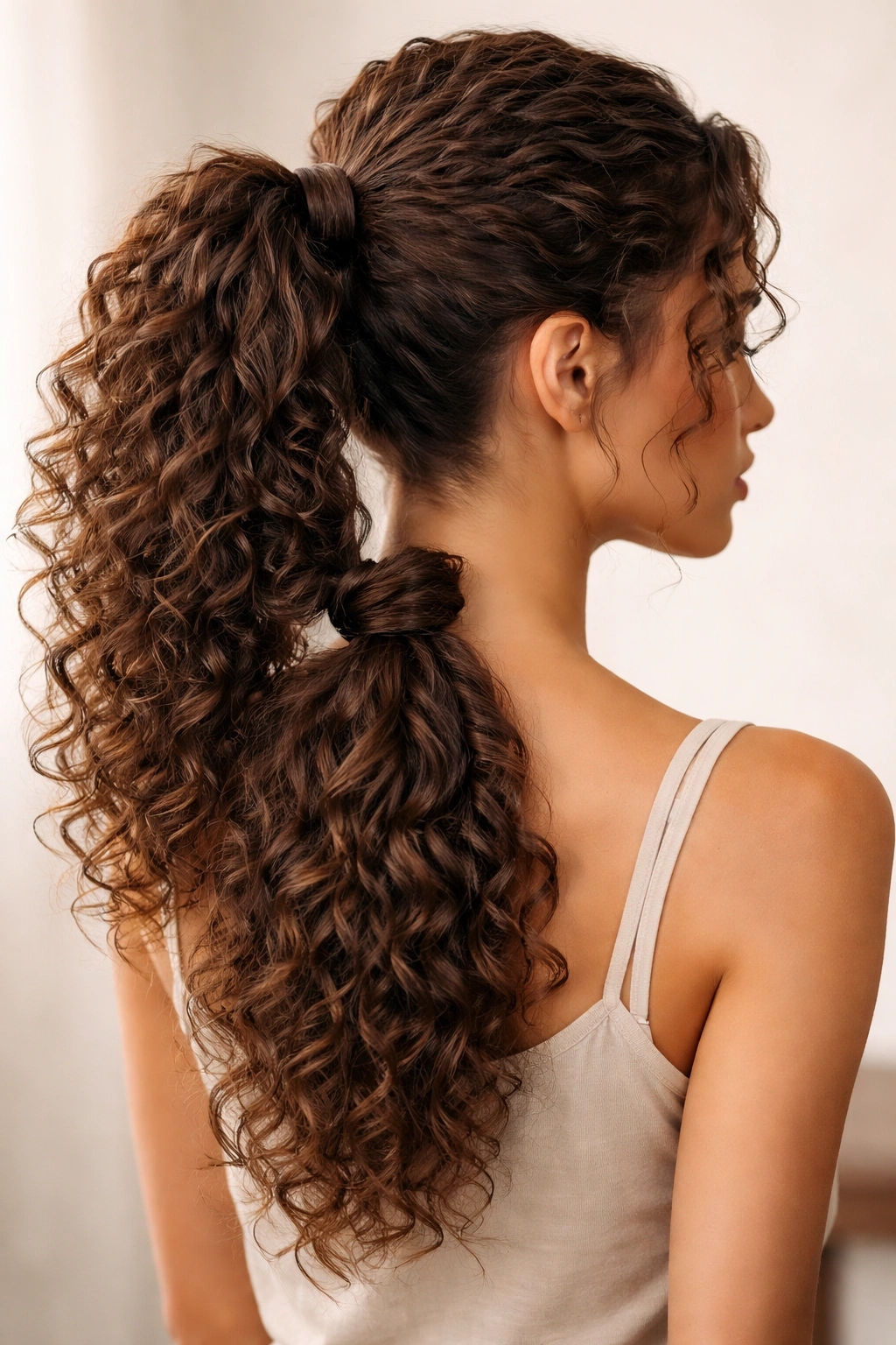Two curly ponytails at top and back with twists showing texture