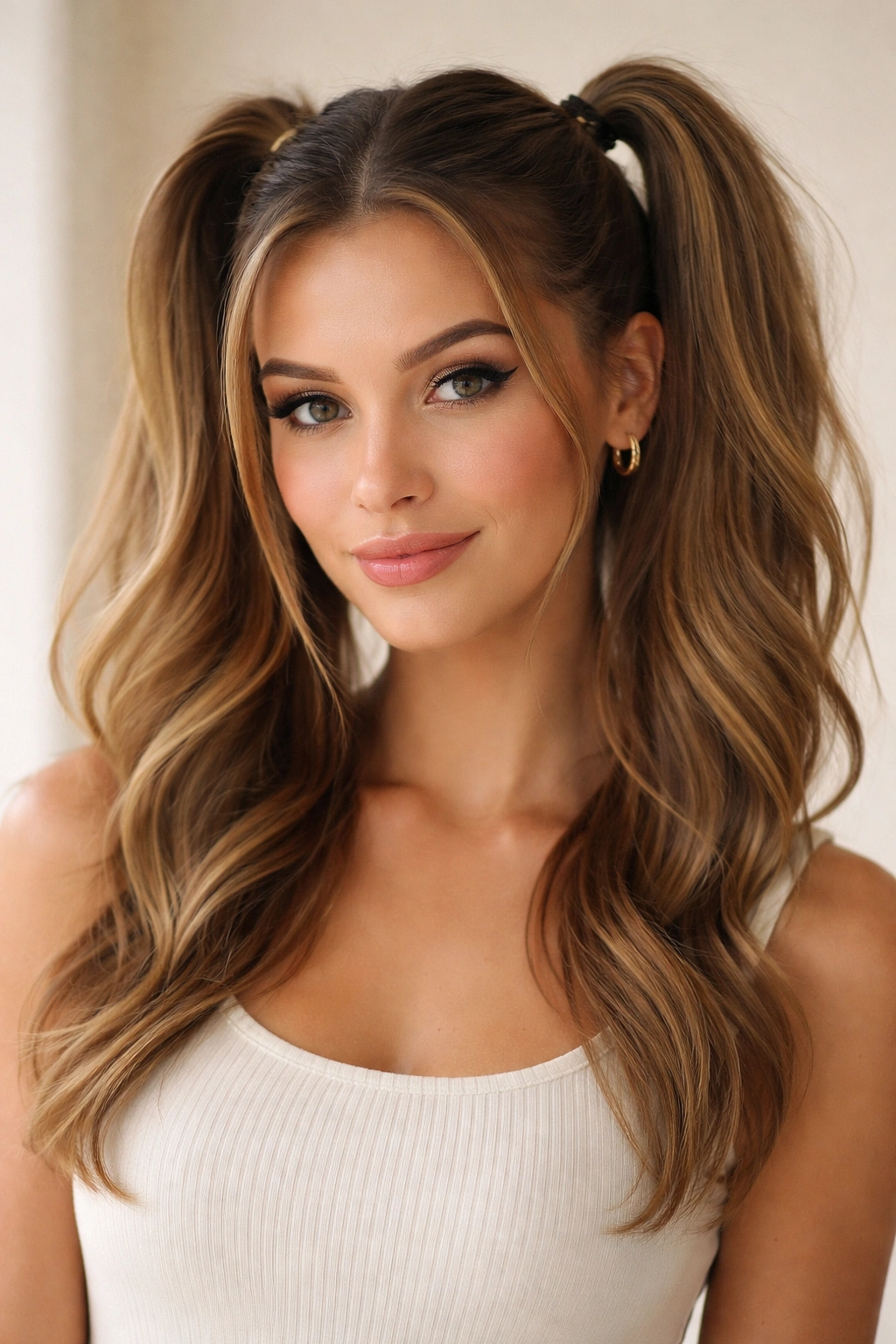 Portrait of a person with double ponytails in a neutral studio setting