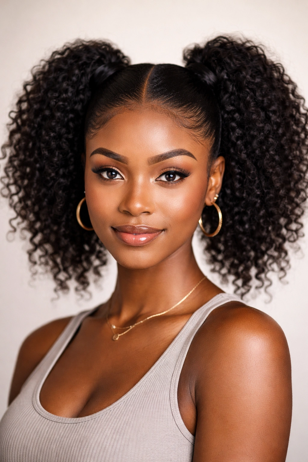 Close-up of double ponytails on textured hair with defined curls in a studio portrait
