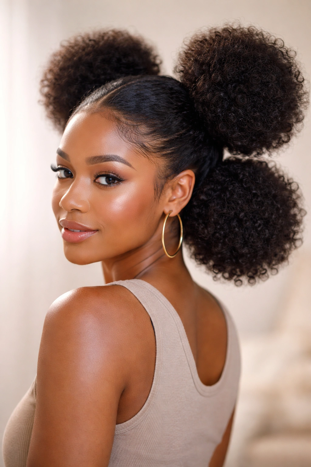 Close-up of two rounded poufs with stacked volume on textured hair