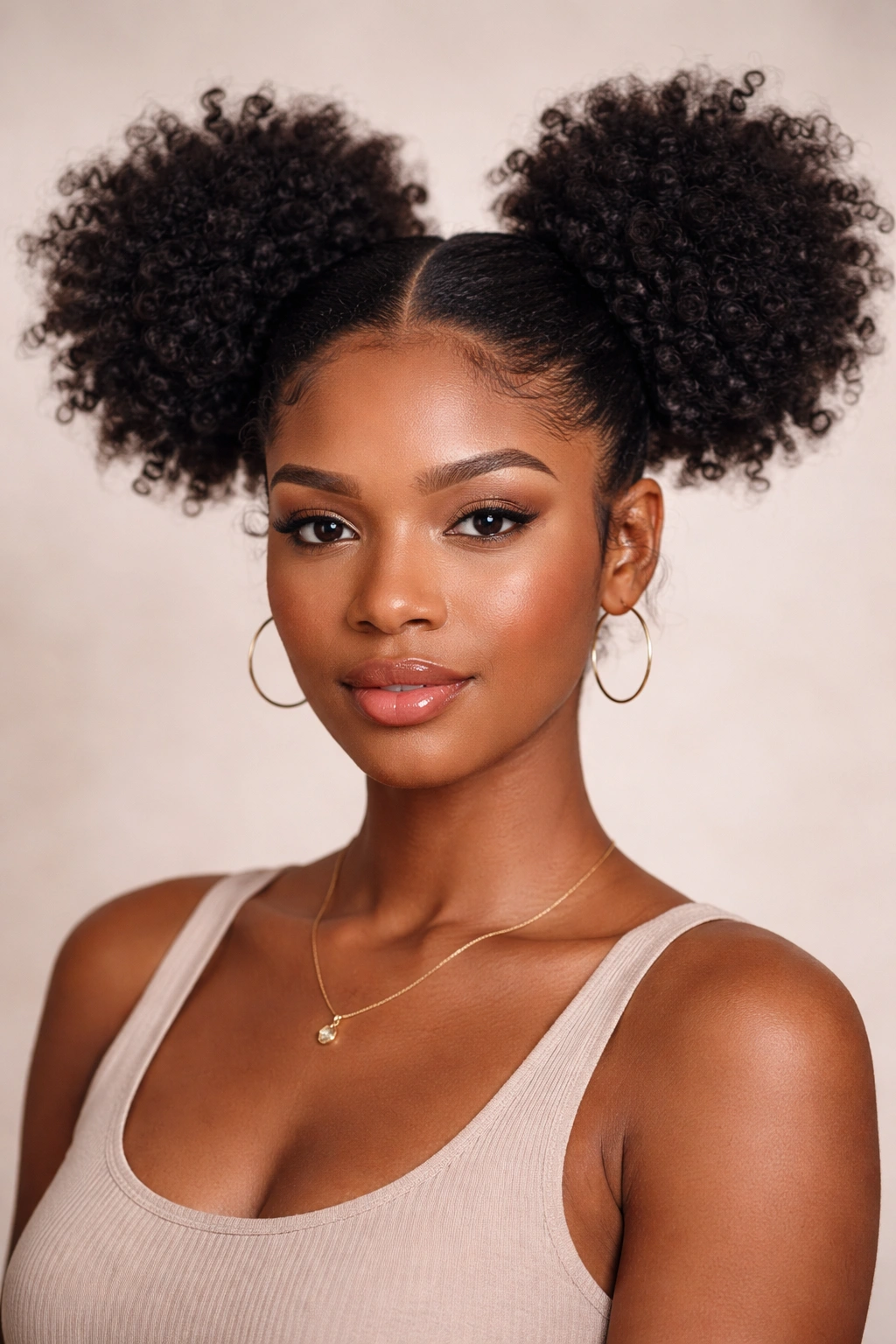Close-up of two high puff ponytails on natural hair with a middle part