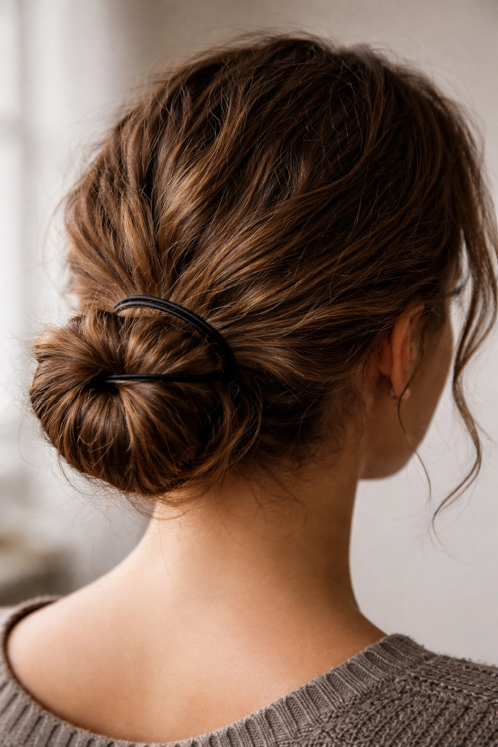 Low bun at nape secured with two elastics on thick hair