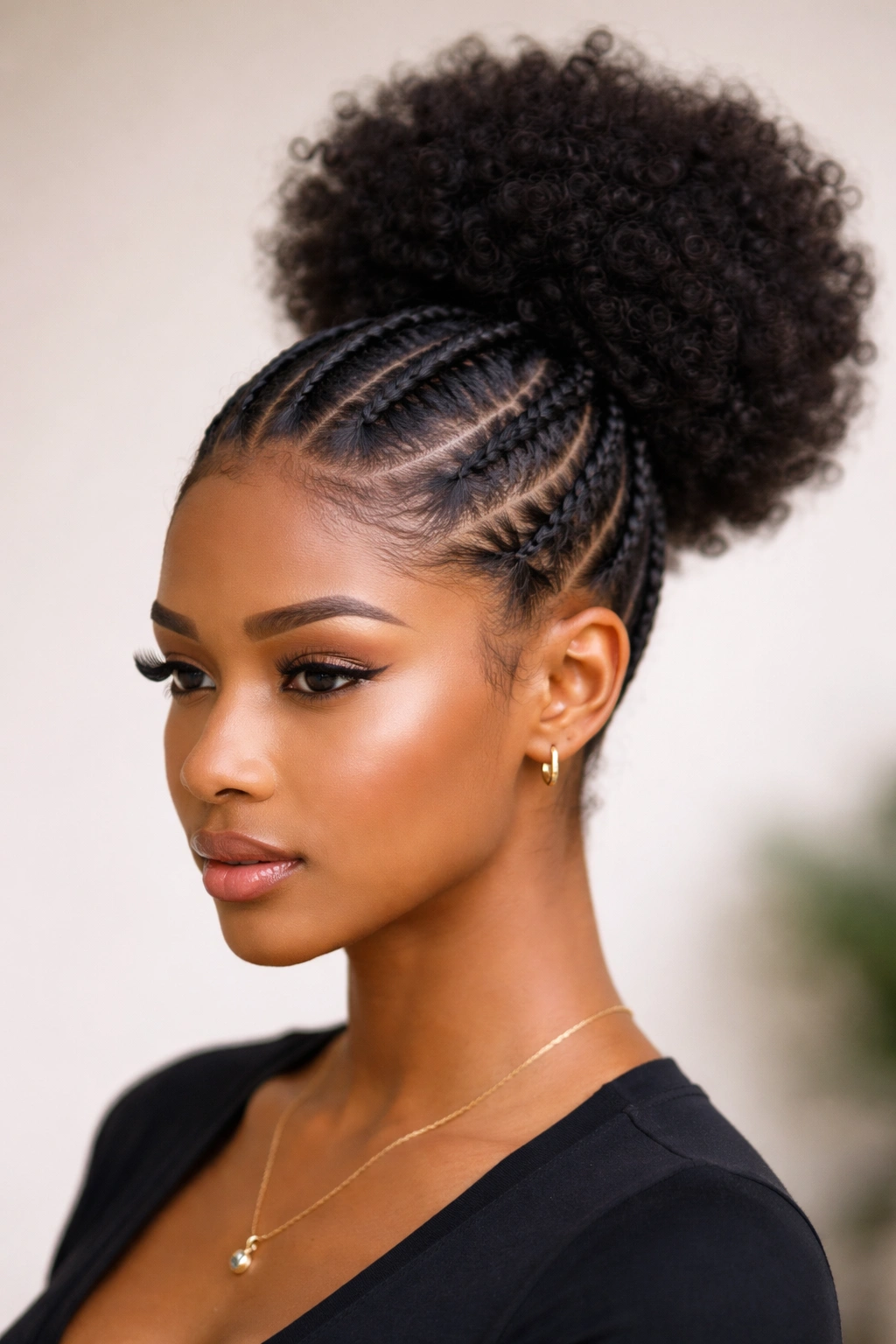 Double-sided cornrows converging at the crown into a high puff