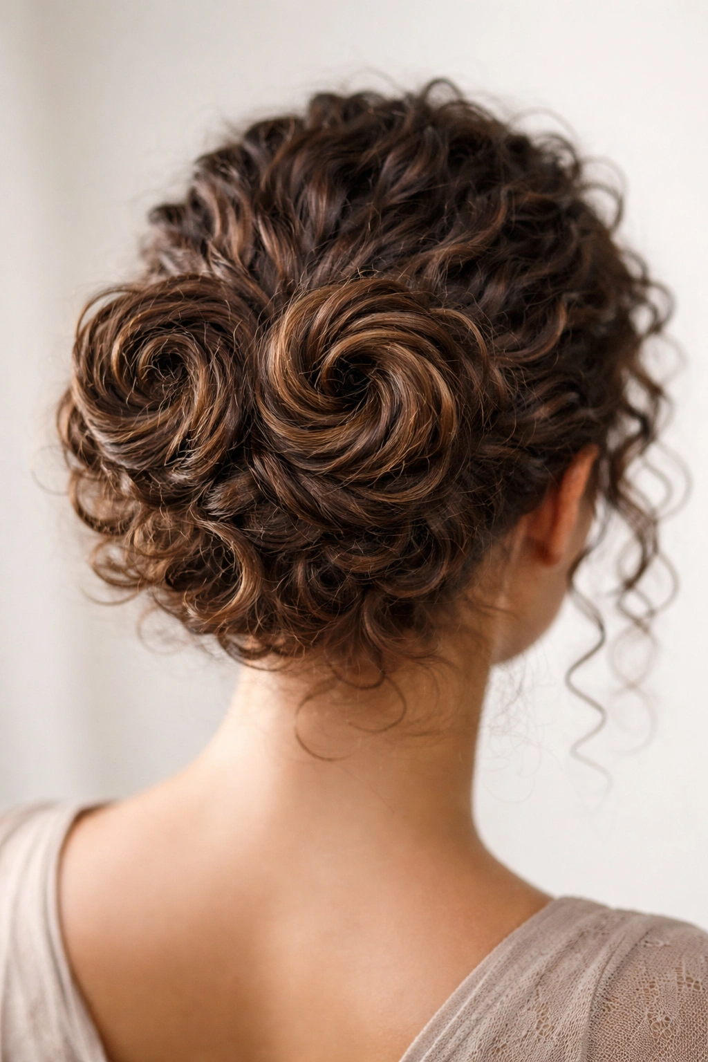 Back view of a double spiral bun showing two curved spirals meeting at the nape on curly hair