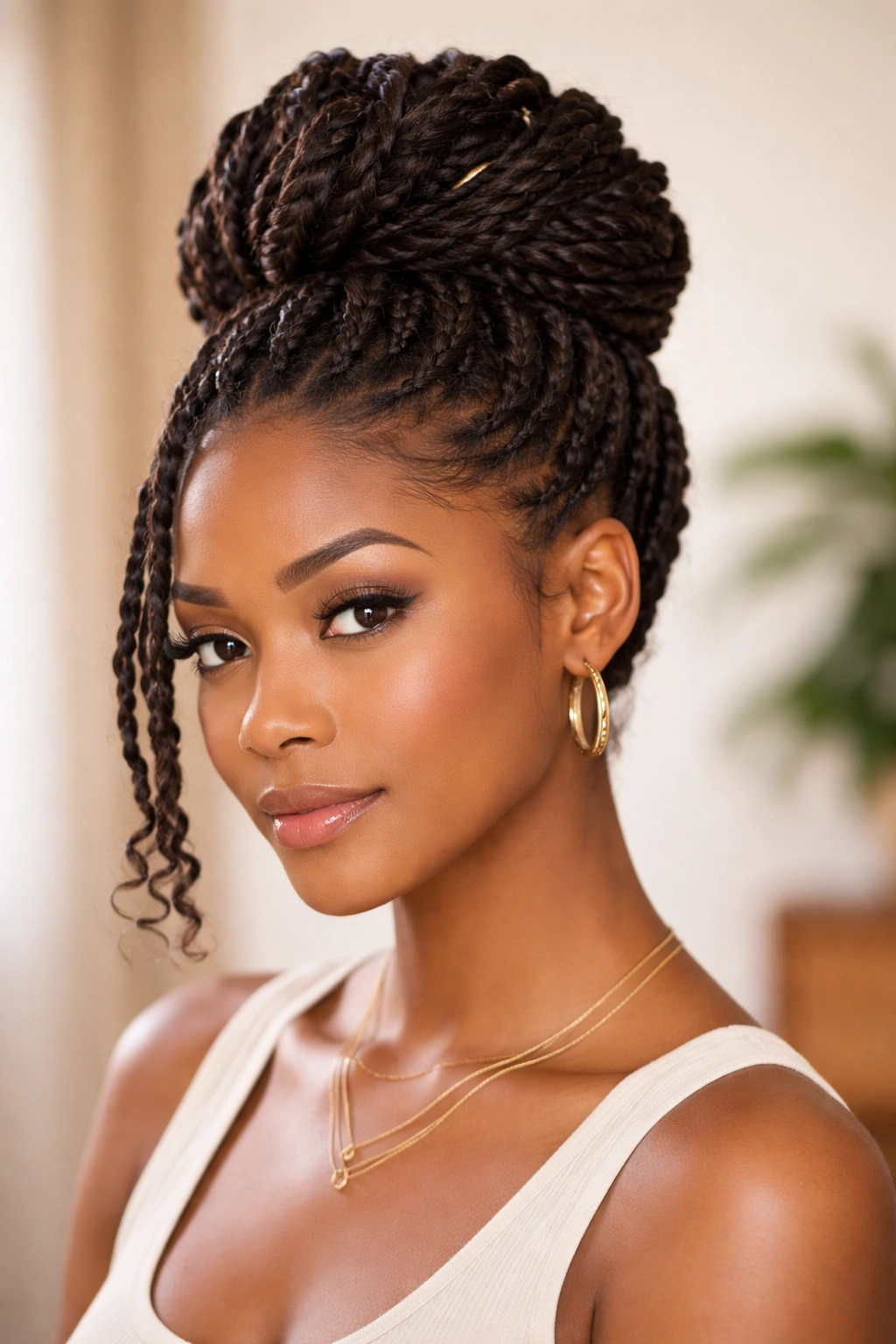 Close-up of double-strand twists pinned into a high bun