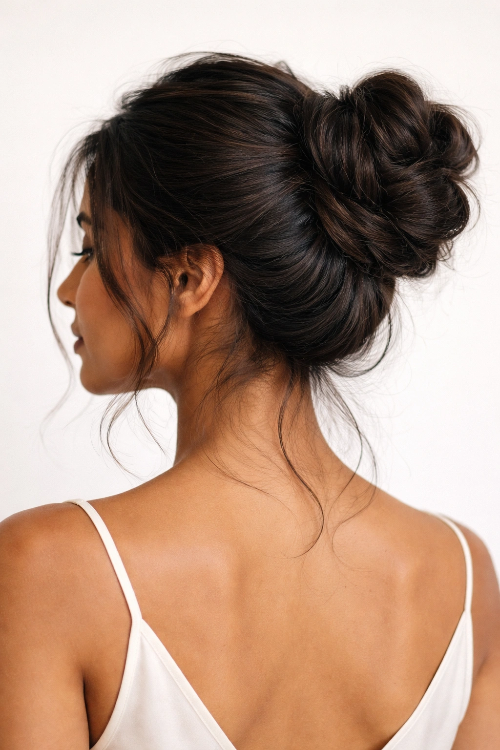 Mid-shot of a model with two loose twists forming a double-twist bun
